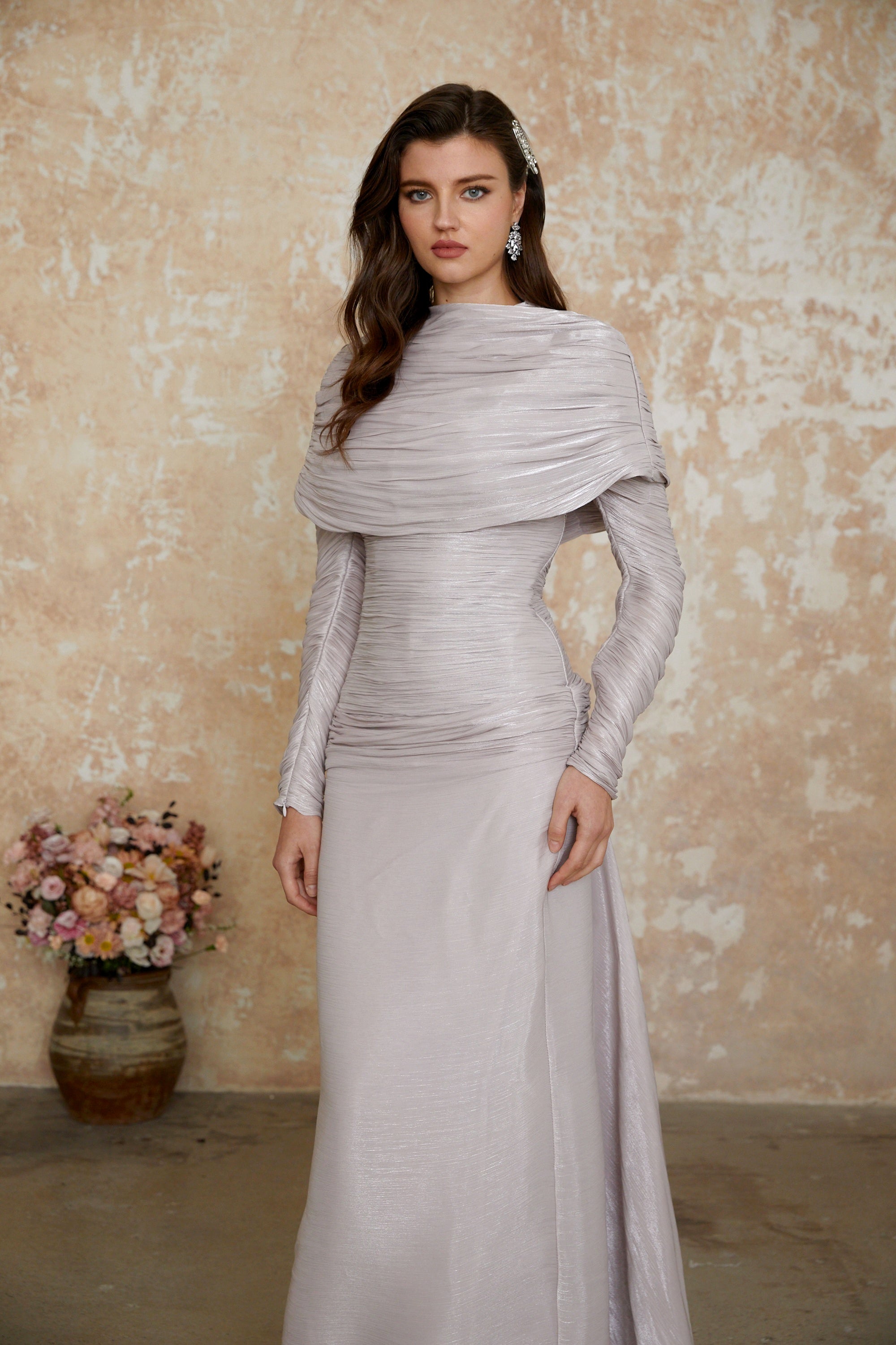 Nerida Silver Turtleneck Ruched Maxi Dress (Final Sale-US Only)