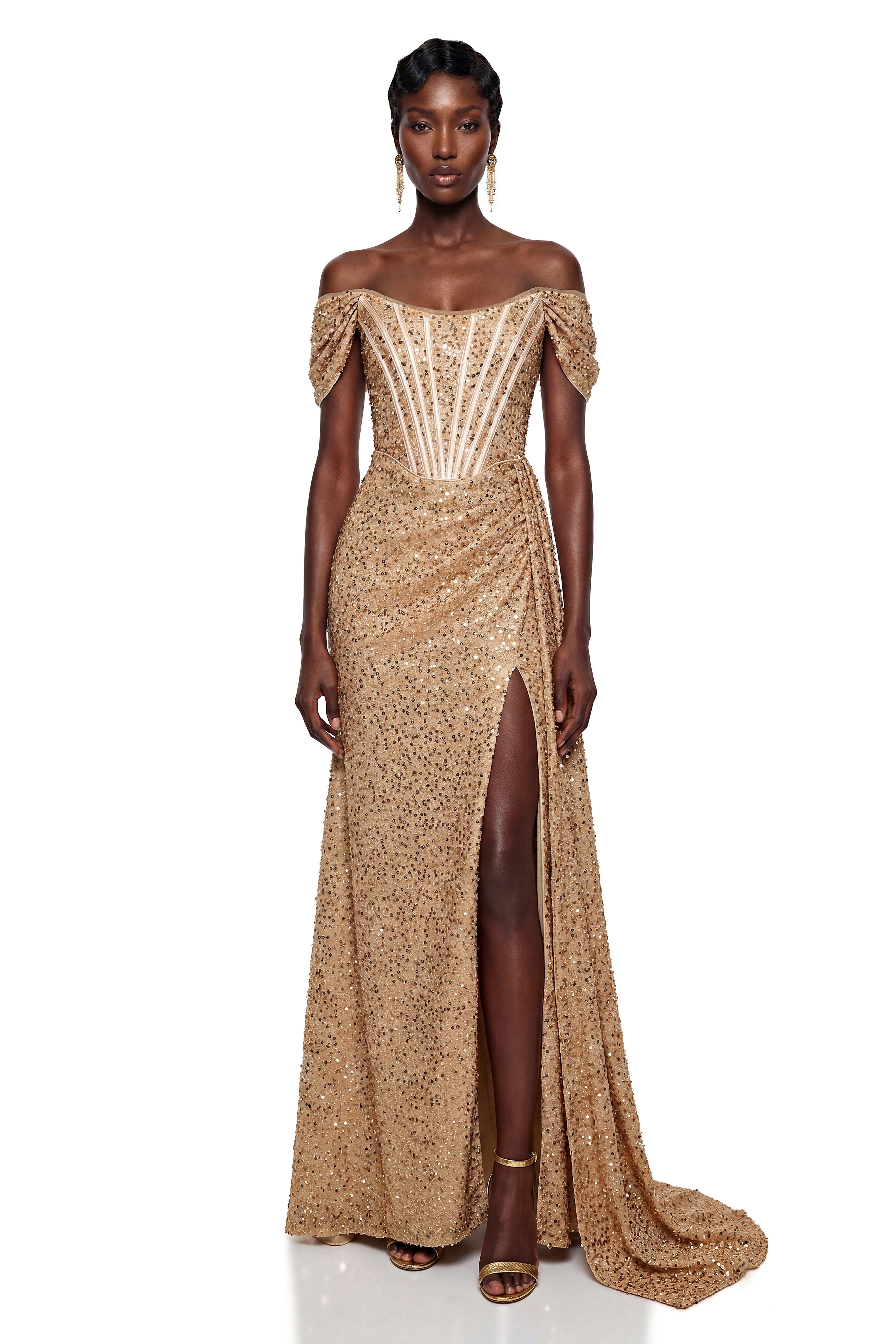 Nerissa Champagne Off Shoulder Sequin Maxi Dress with Slit Nerissa Champagne Off Shoulder Sequin Maxi Dress with Slit