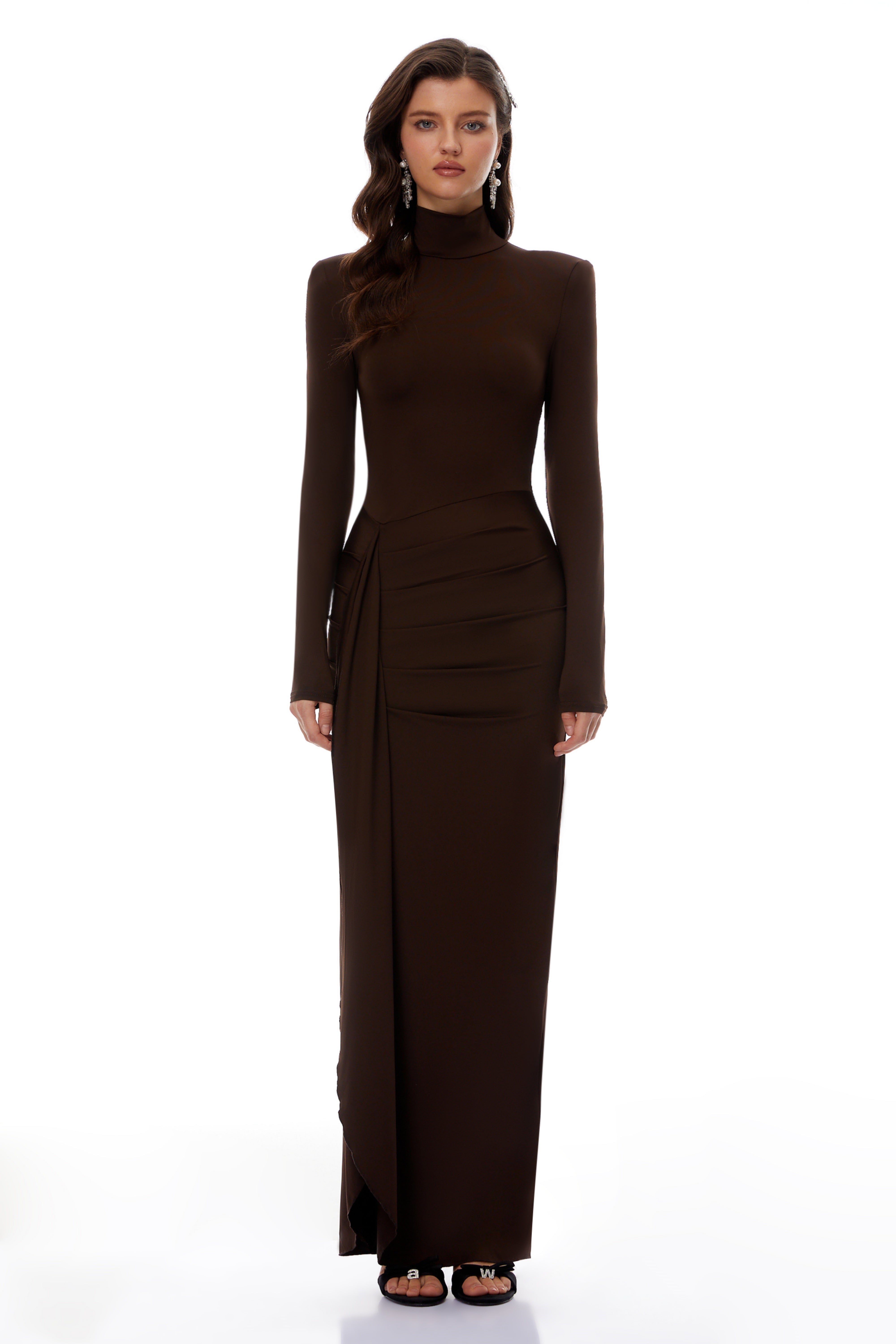 Neve Brown High Neck Twist Knot Maxi Dress