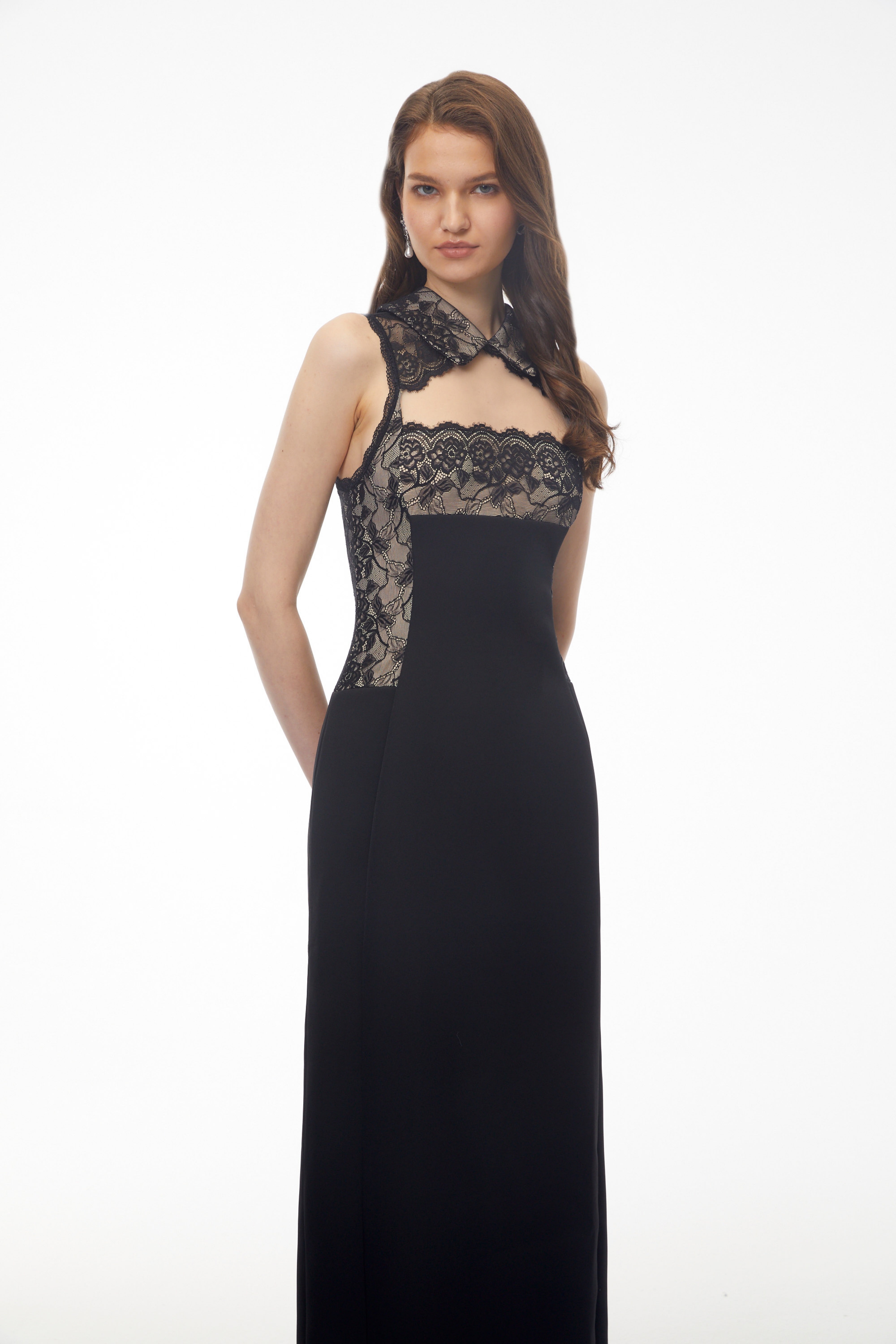 Nina Black Lace Maxi Dress with Cut-Outs