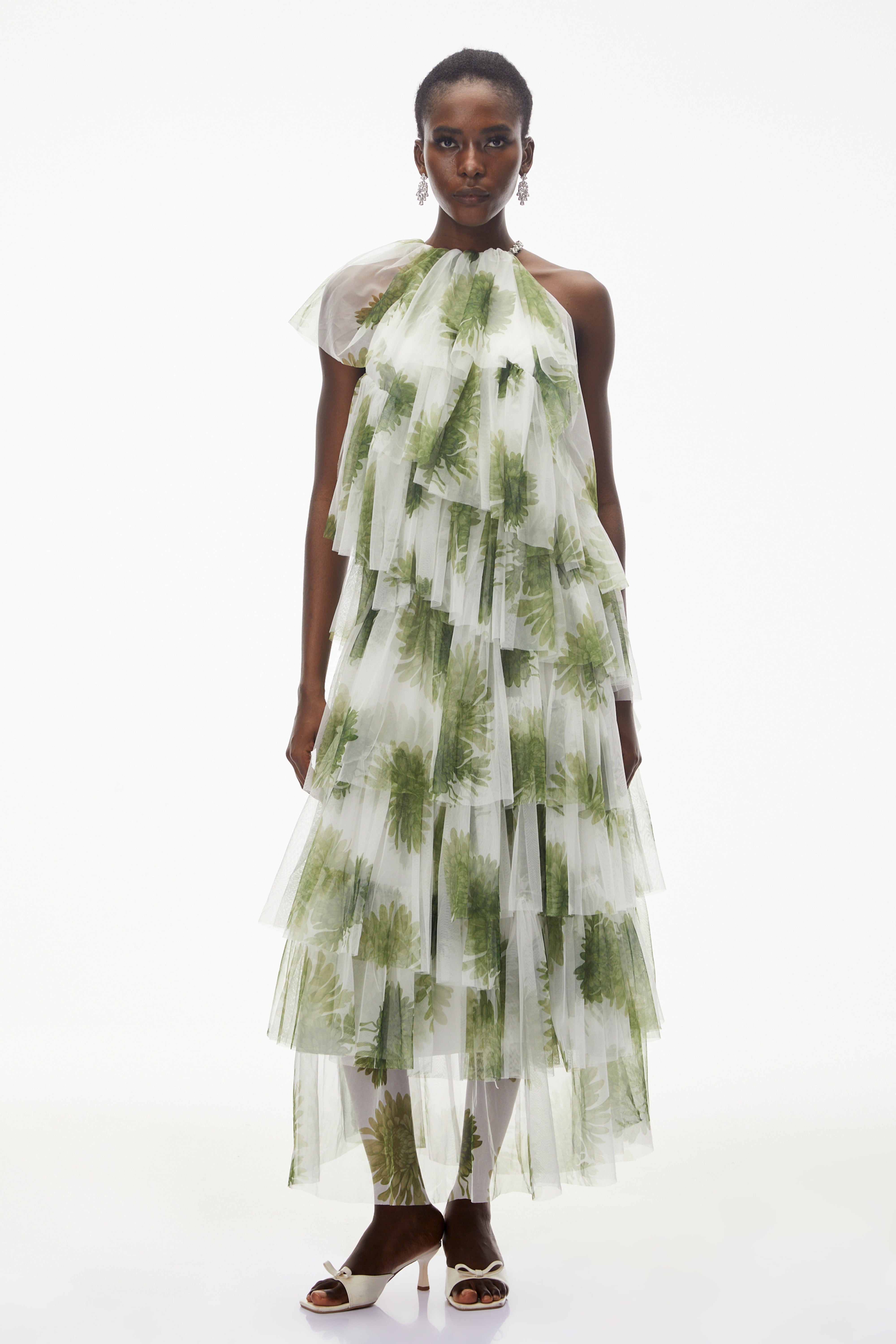 Nitzan Green Printed Tiered Maxi Dress with Sheer Overlay