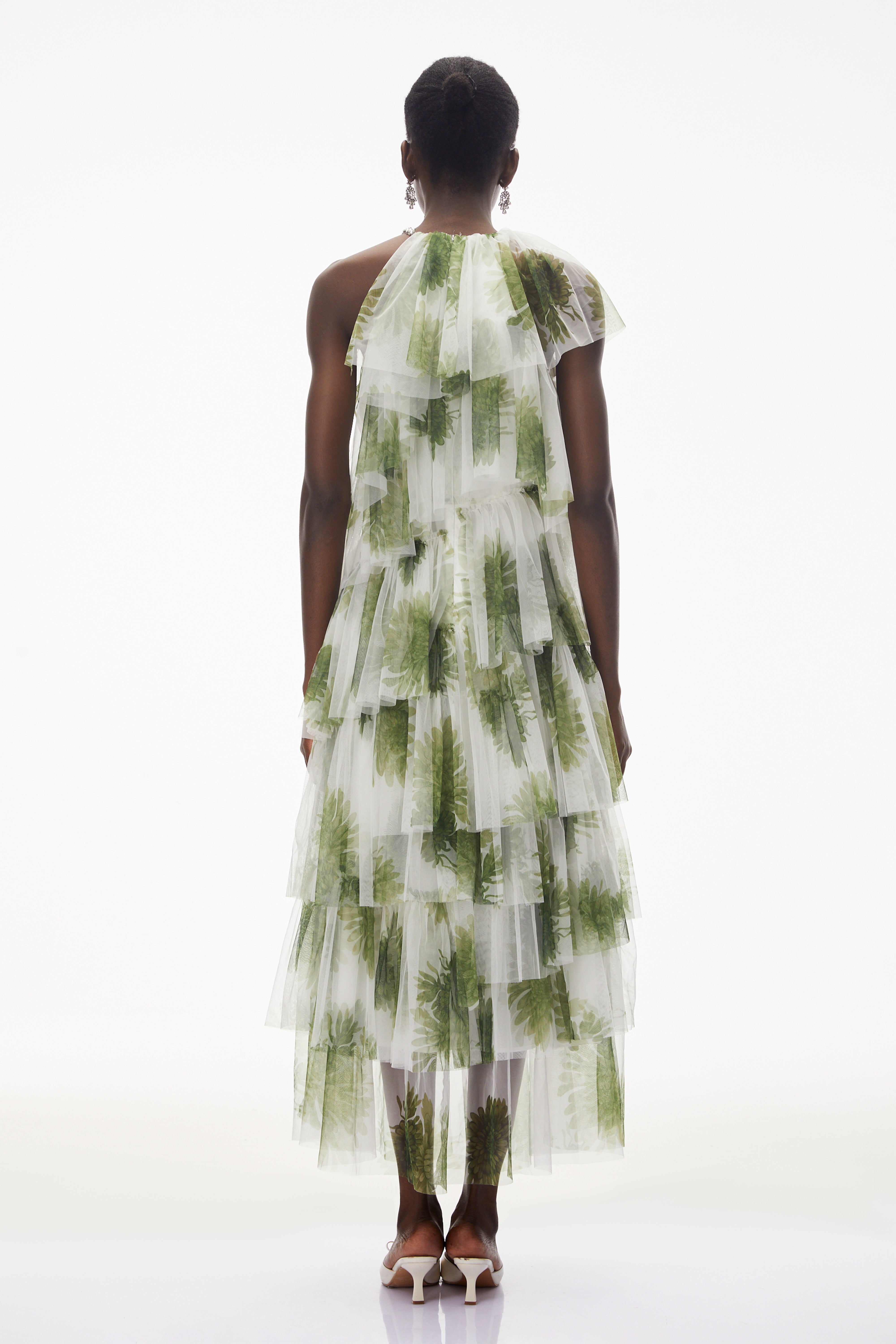 Nitzan Green Printed Tiered Maxi Dress with Sheer Overlay