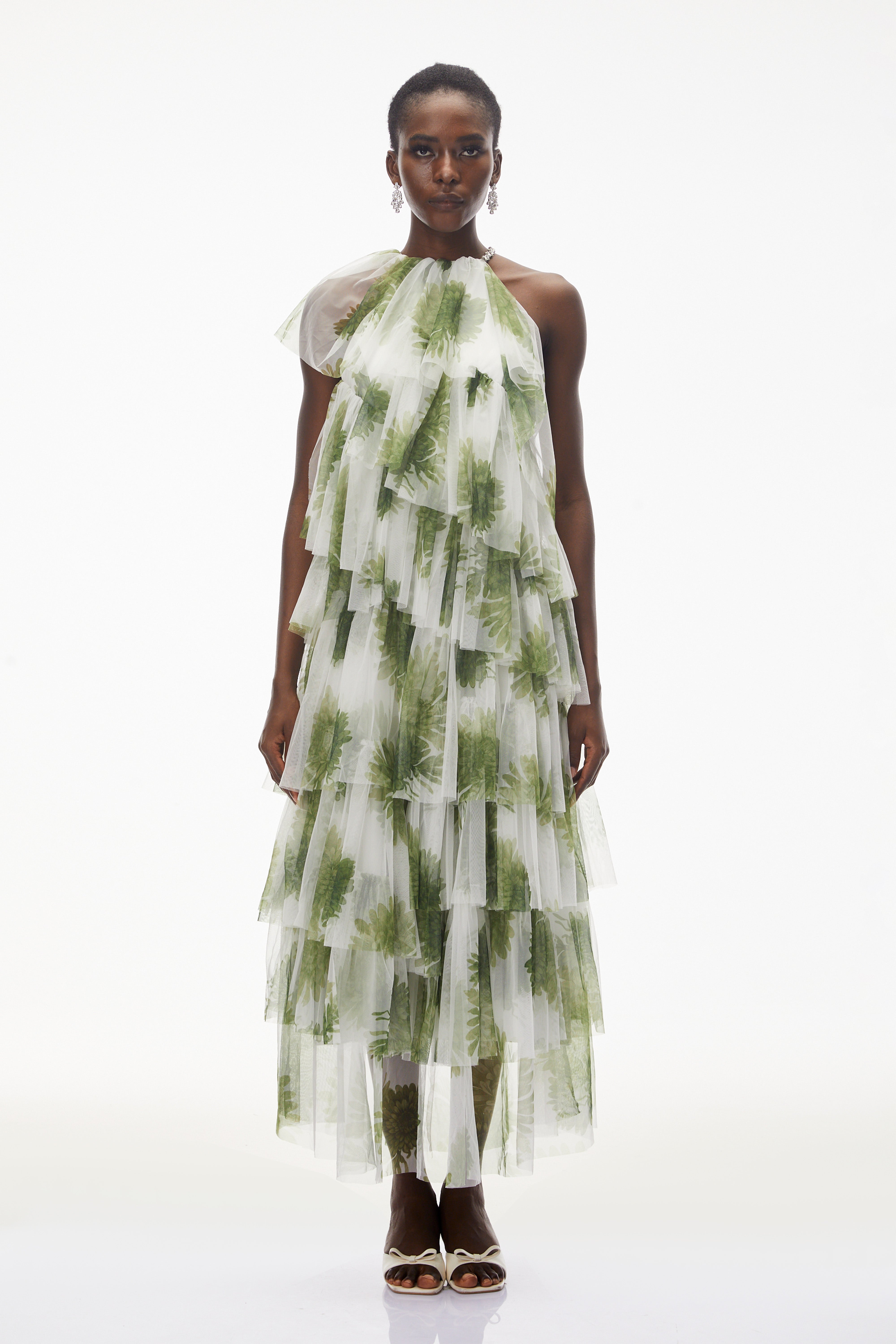 Nitzan Green Printed Tiered Maxi Dress with Sheer Overlay