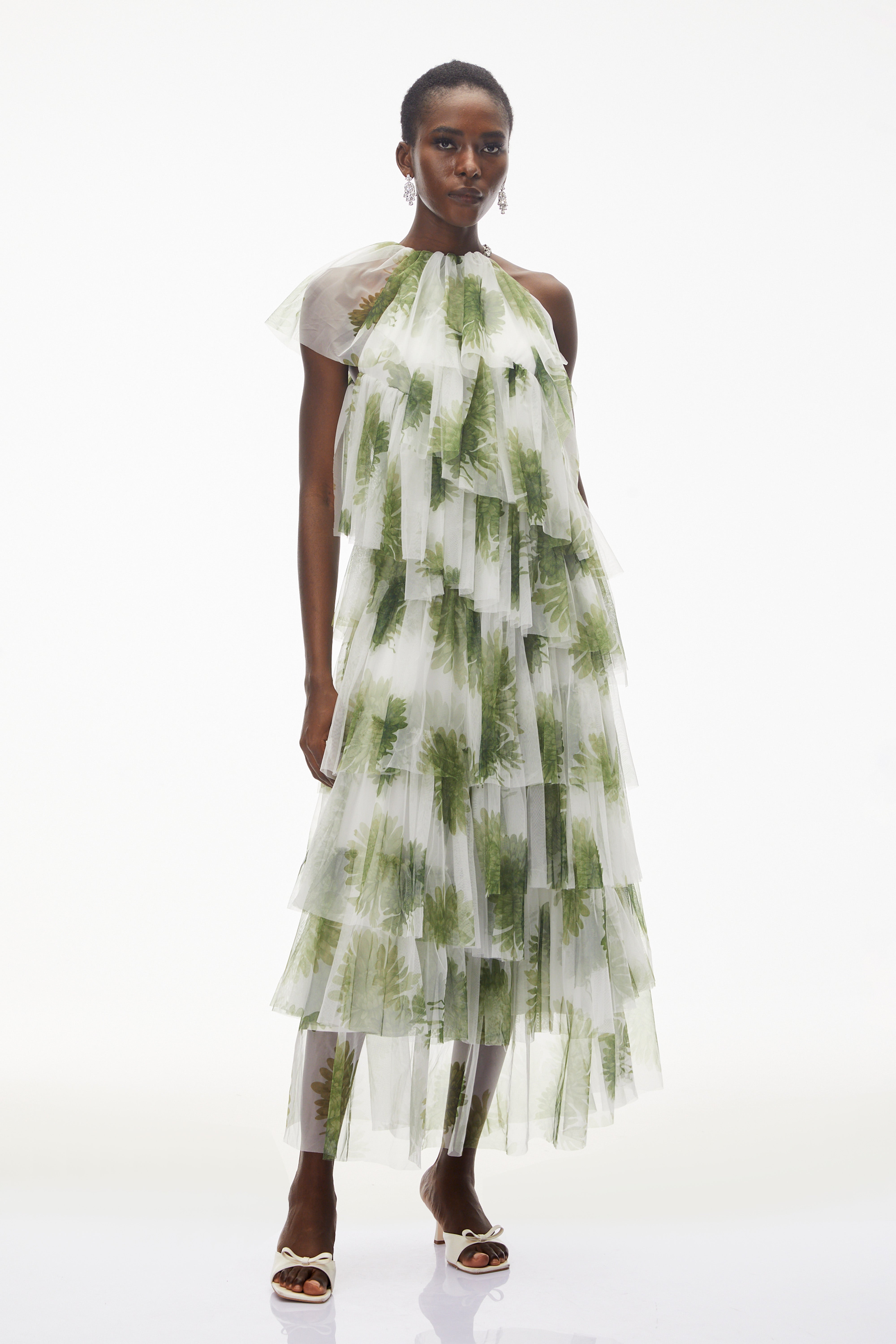 Nitzan Green Printed Tiered Maxi Dress with Sheer Overlay