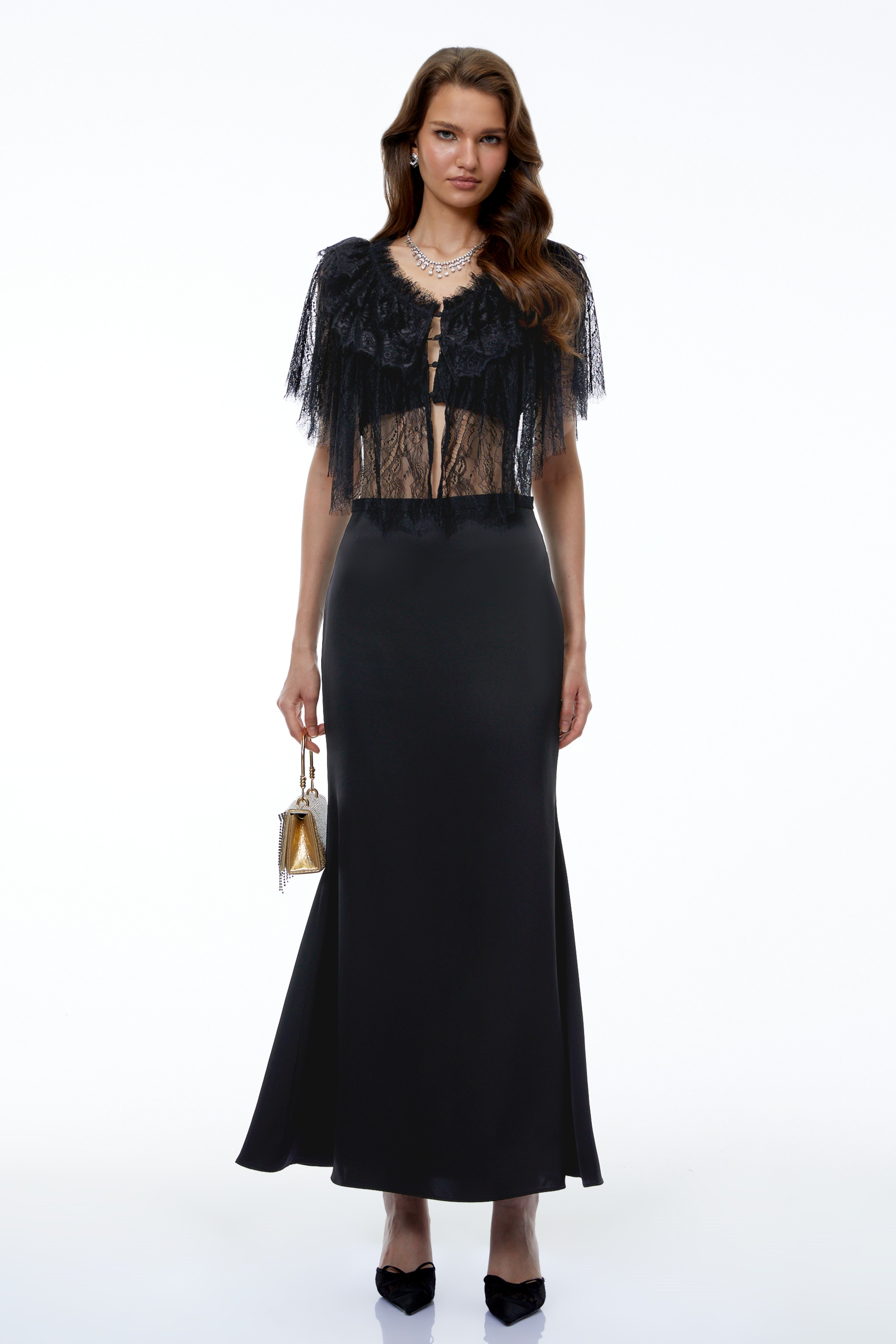 Niu Black Lace Ruffled Cape Top
