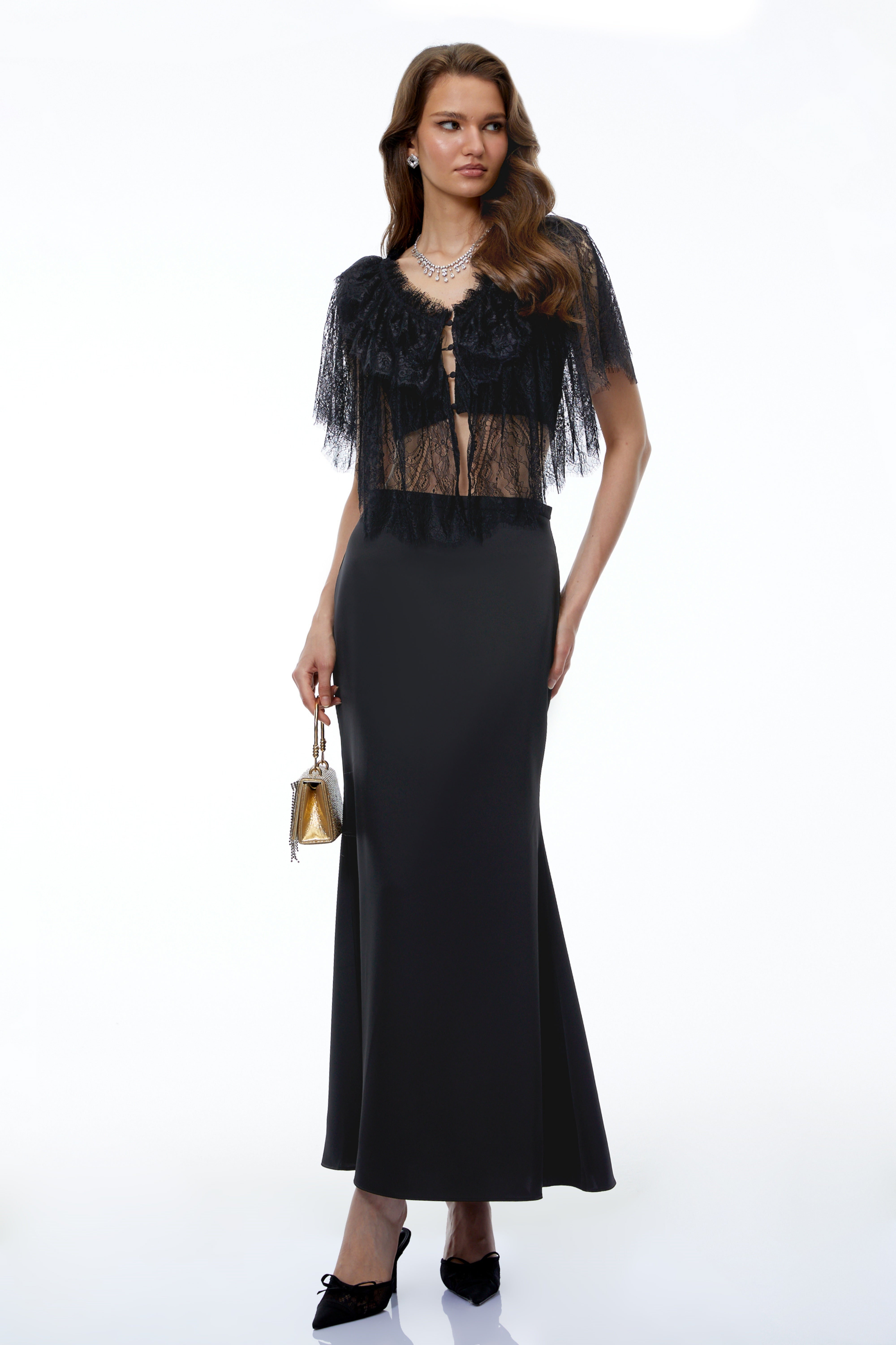 Niu Black Lace Ruffled Cape Top