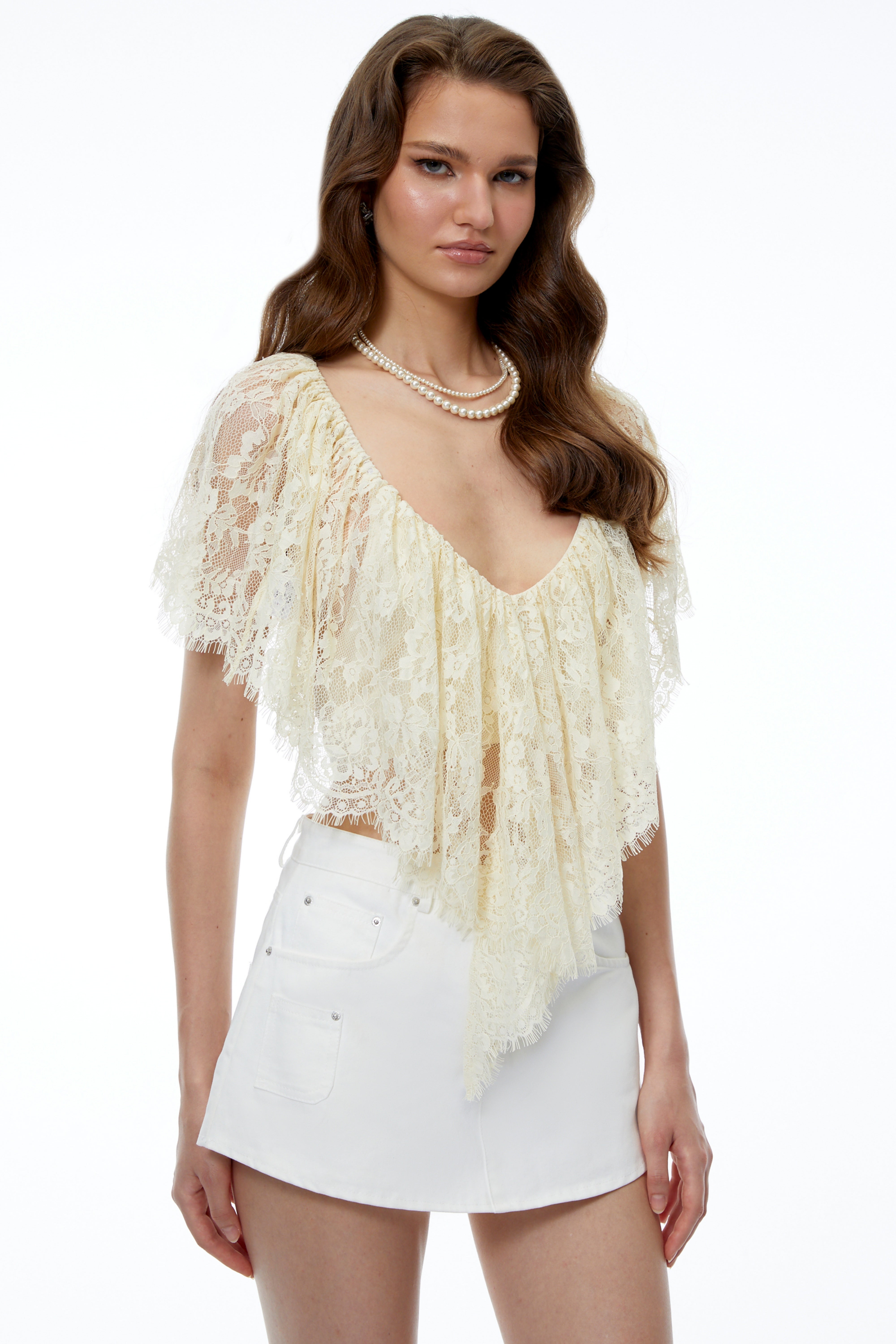 Niu Cream Lace Ruffled Cape Top