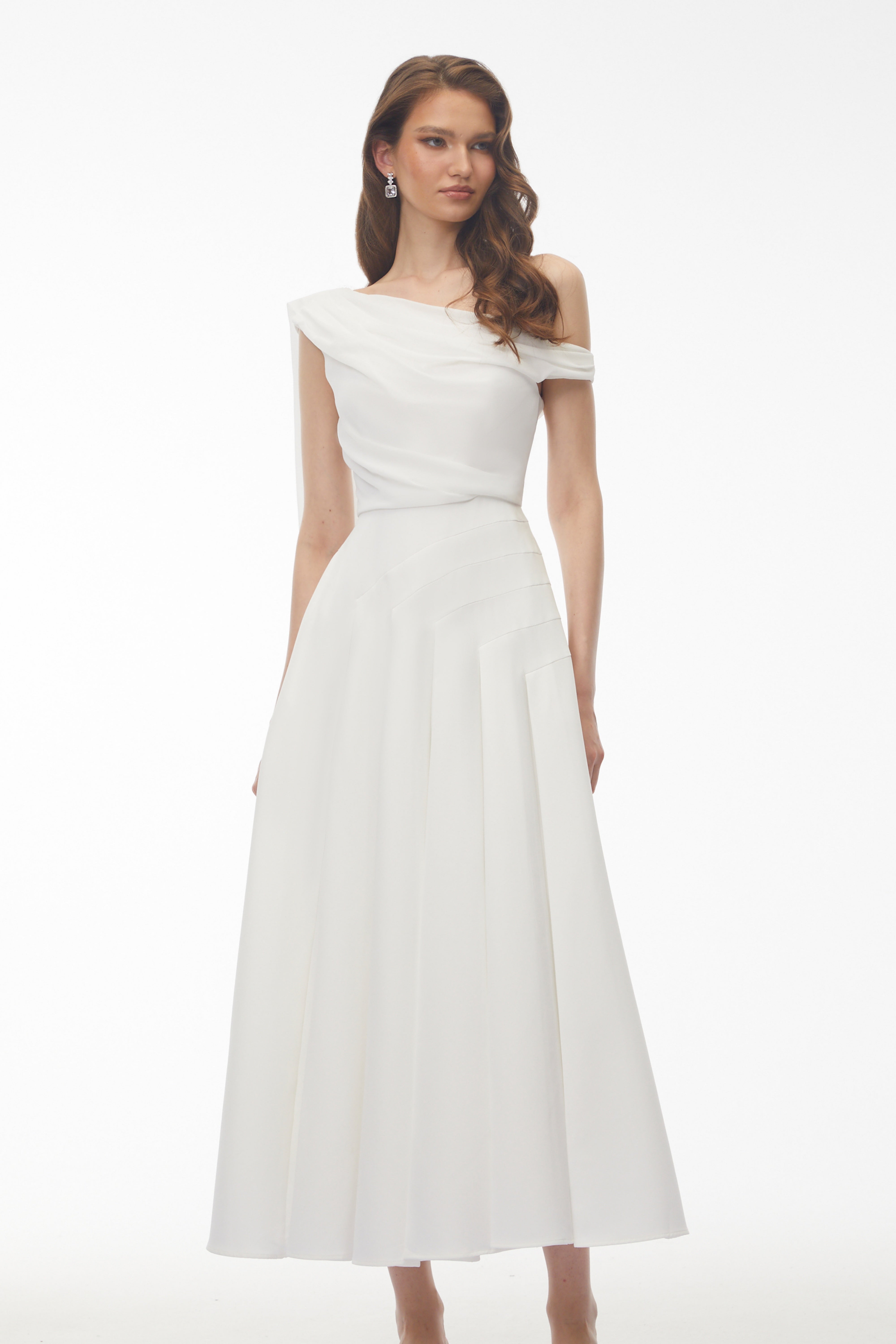 Noelle White Off Shoulder Asymmetrical Maxi Dress