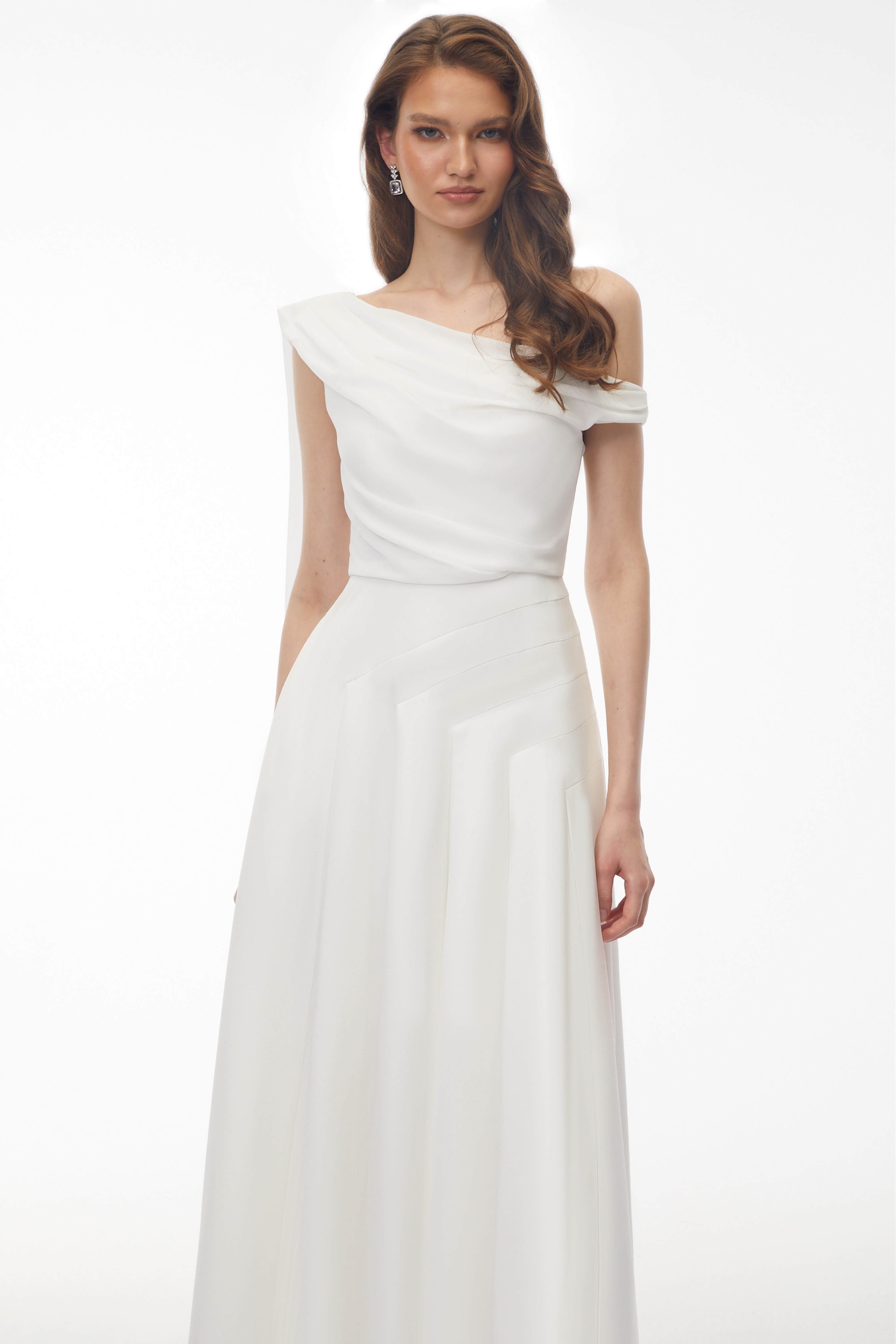 Noelle White Off Shoulder Asymmetrical Maxi Dress