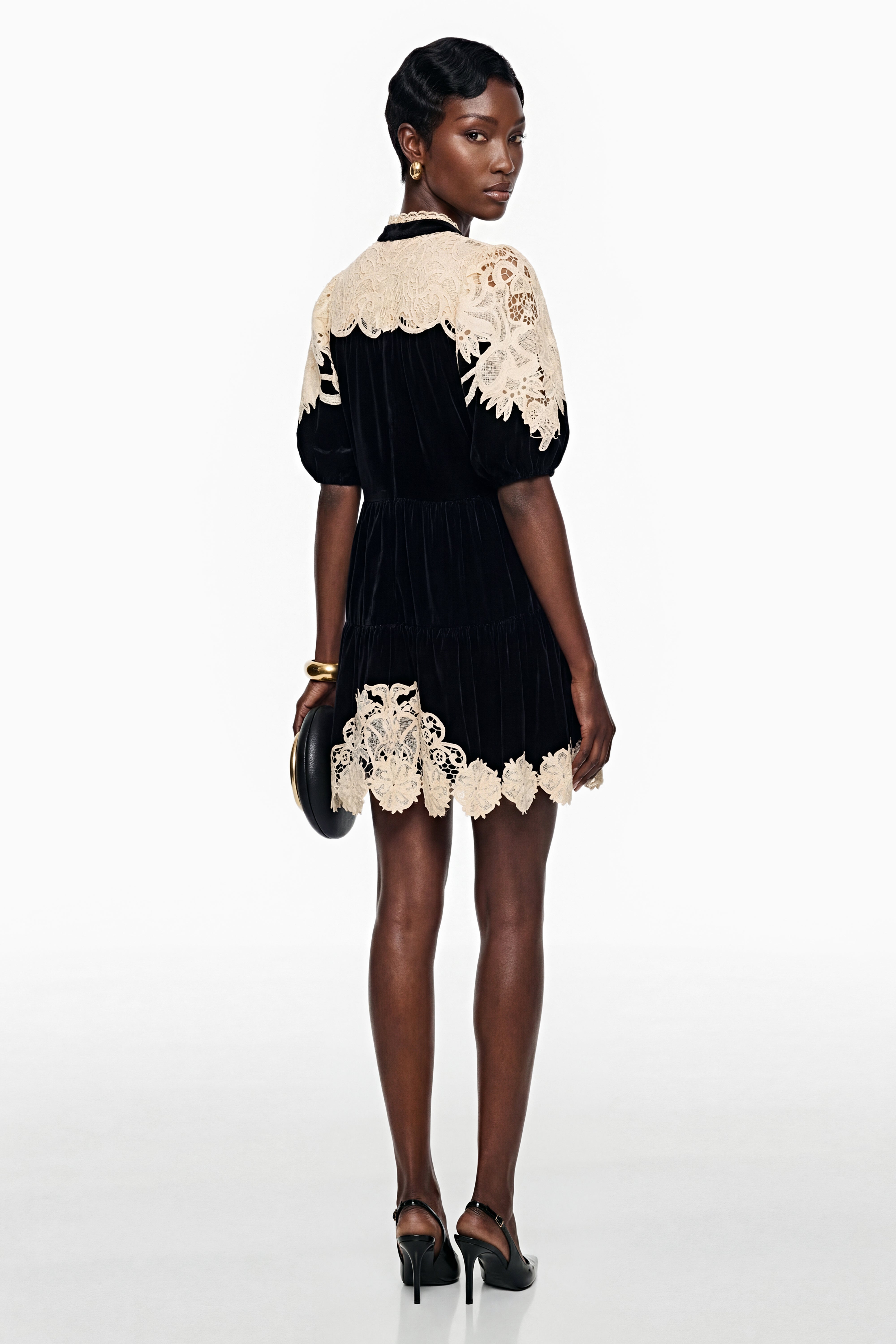 Nora Black Velvet Mini Dress with Lace Panels
