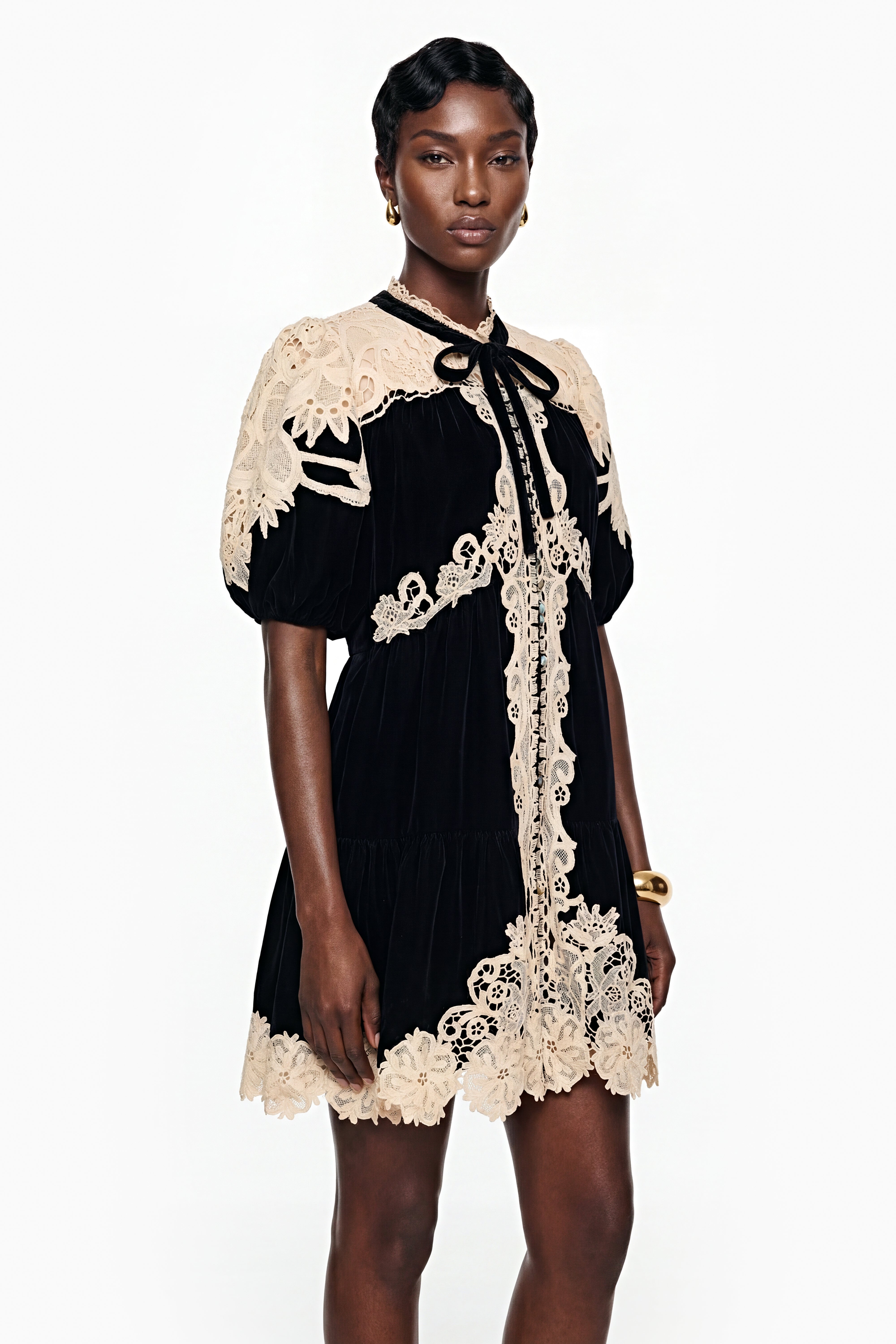 Nora Black Velvet Mini Dress with Lace Panels