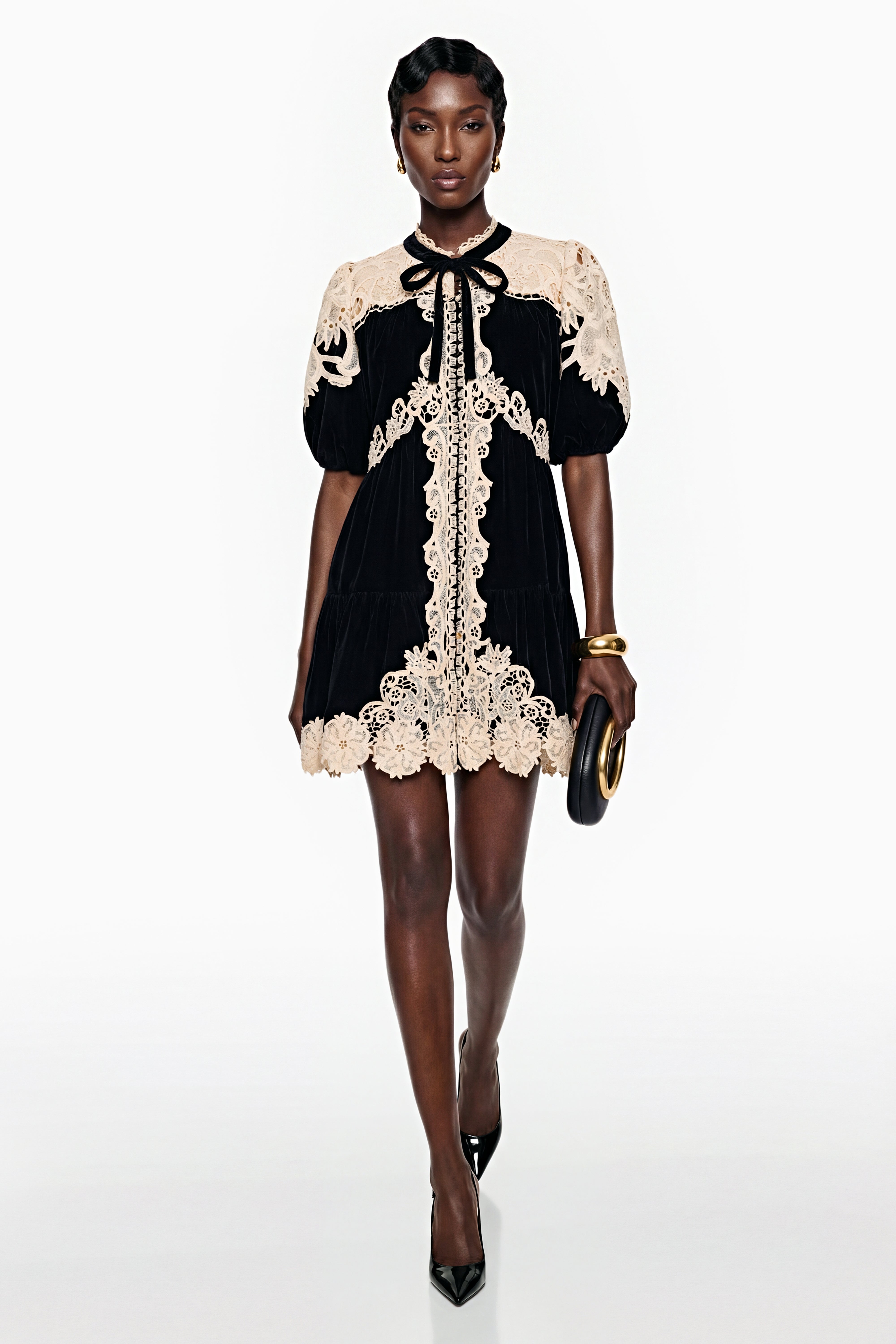 Nora Black Velvet Mini Dress with Lace Panels