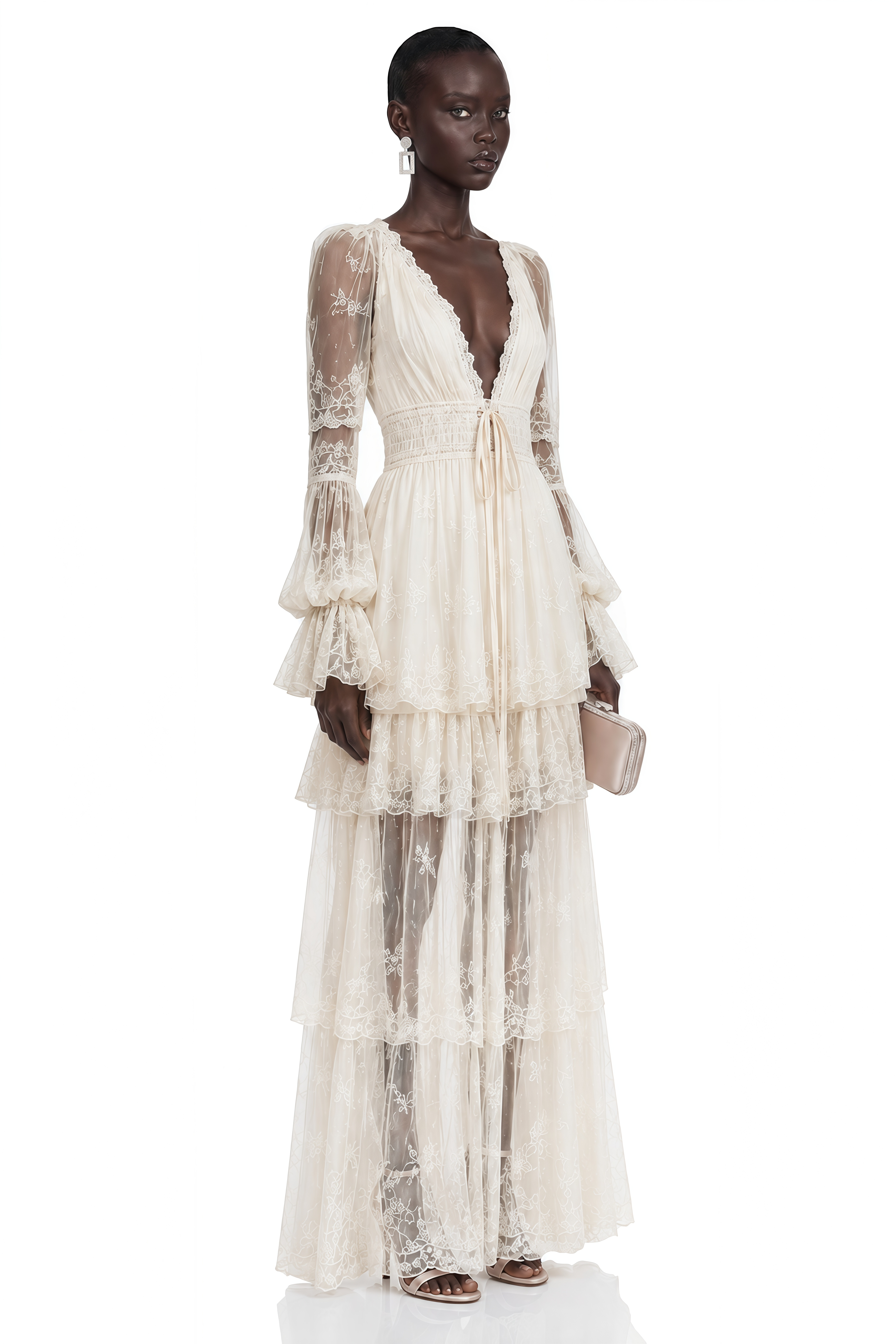 Ocean Cream Lace Ruffled Maxi Dress