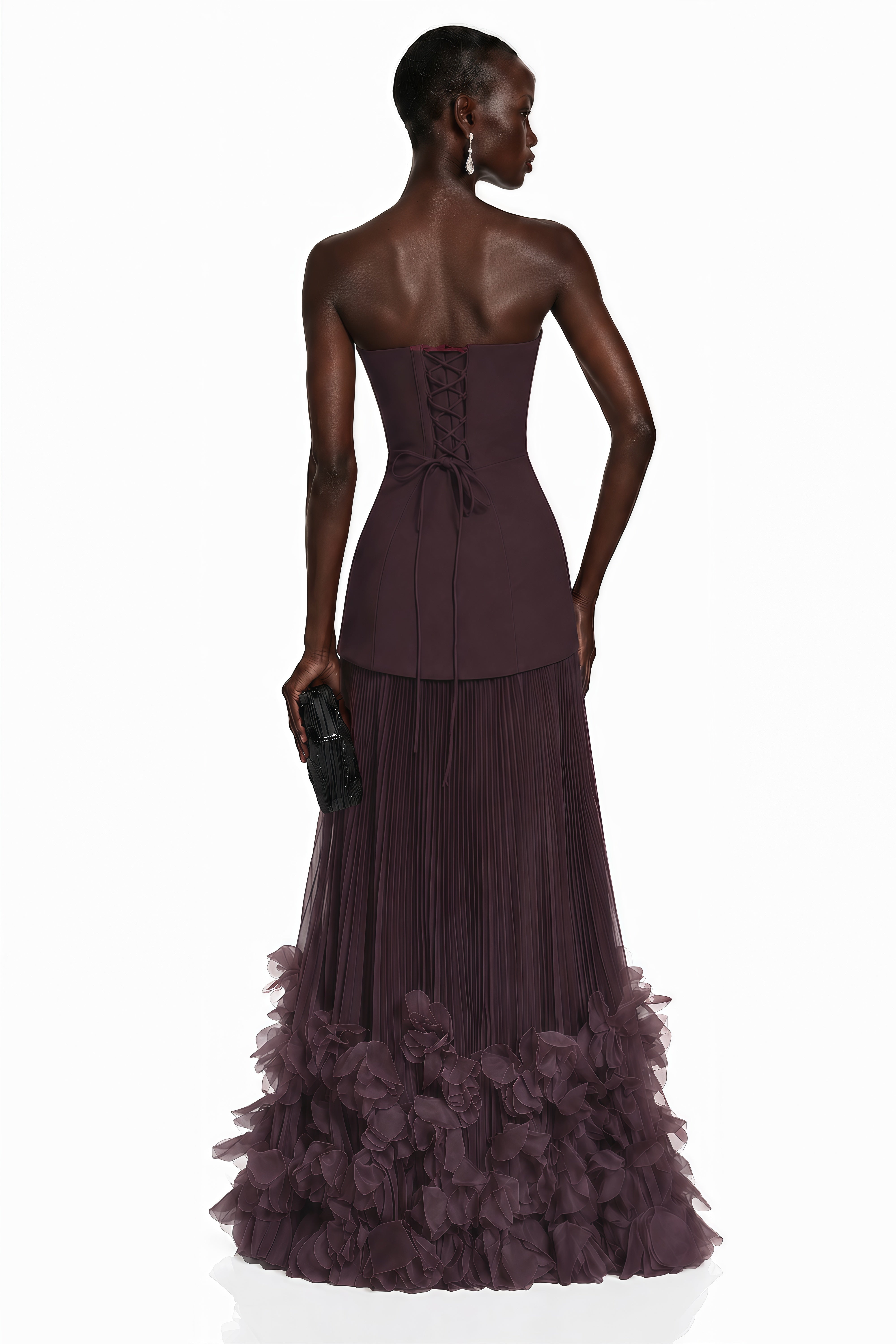 Océane Brown Off Shoulder Pleated Maxi Dress with 3D Florals