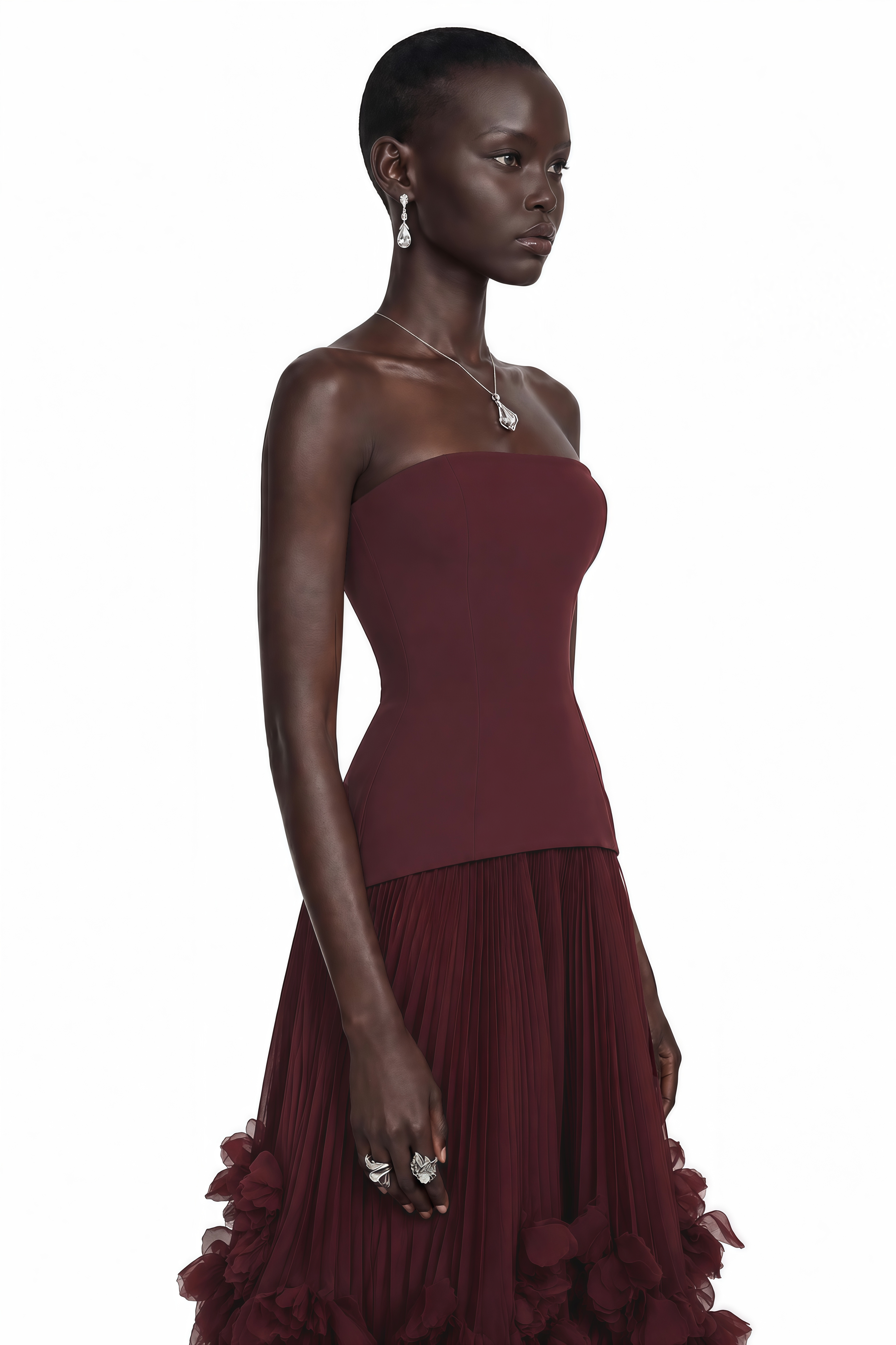 Océane Burgundy Off Shoulder Pleated Maxi Dress with 3D Florals