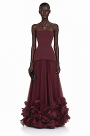 Océane Burgundy Off Shoulder Pleated Maxi Dress with 3D Florals