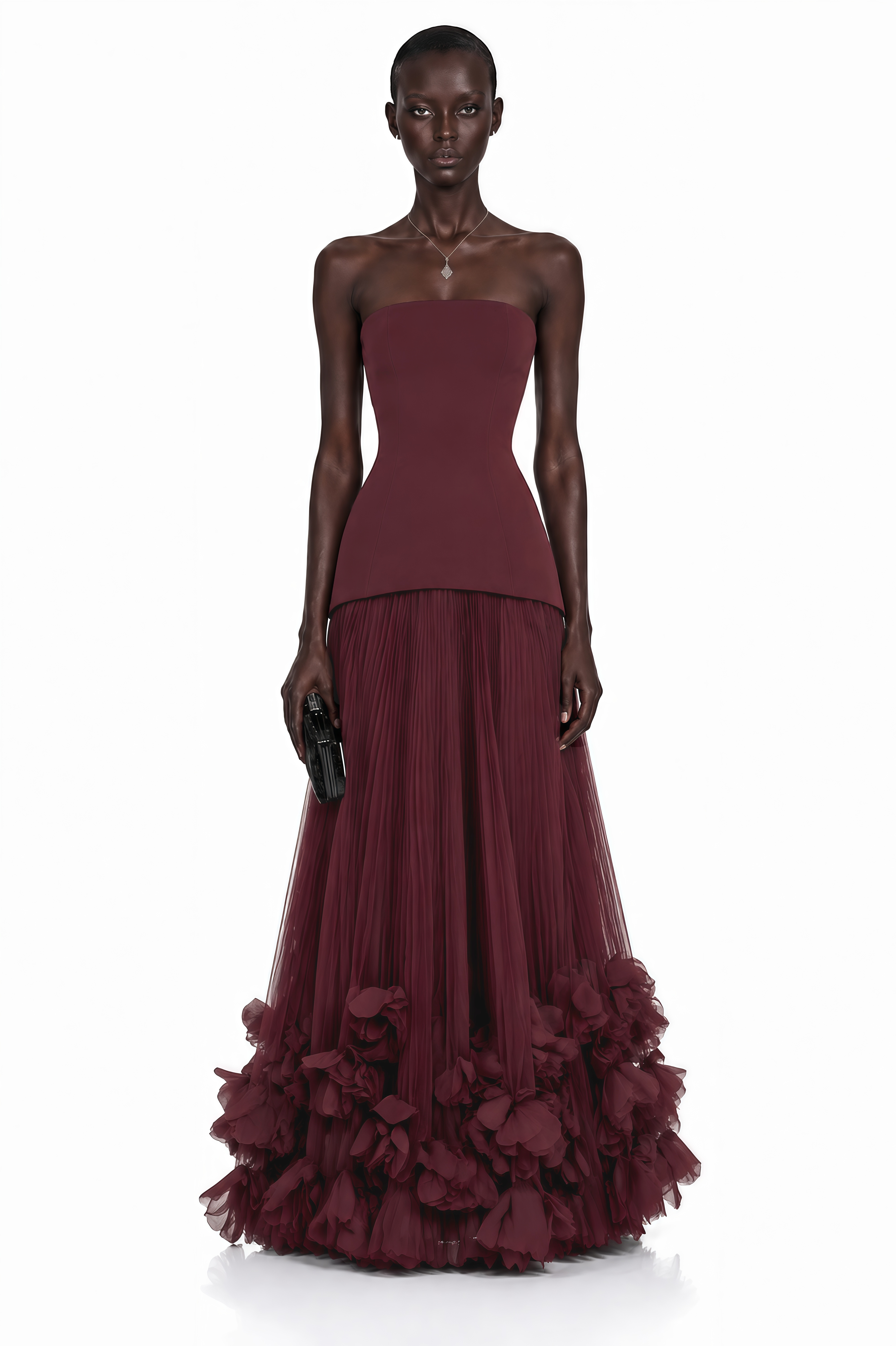 Océane Burgundy Off Shoulder Pleated Maxi Dress with 3D Florals