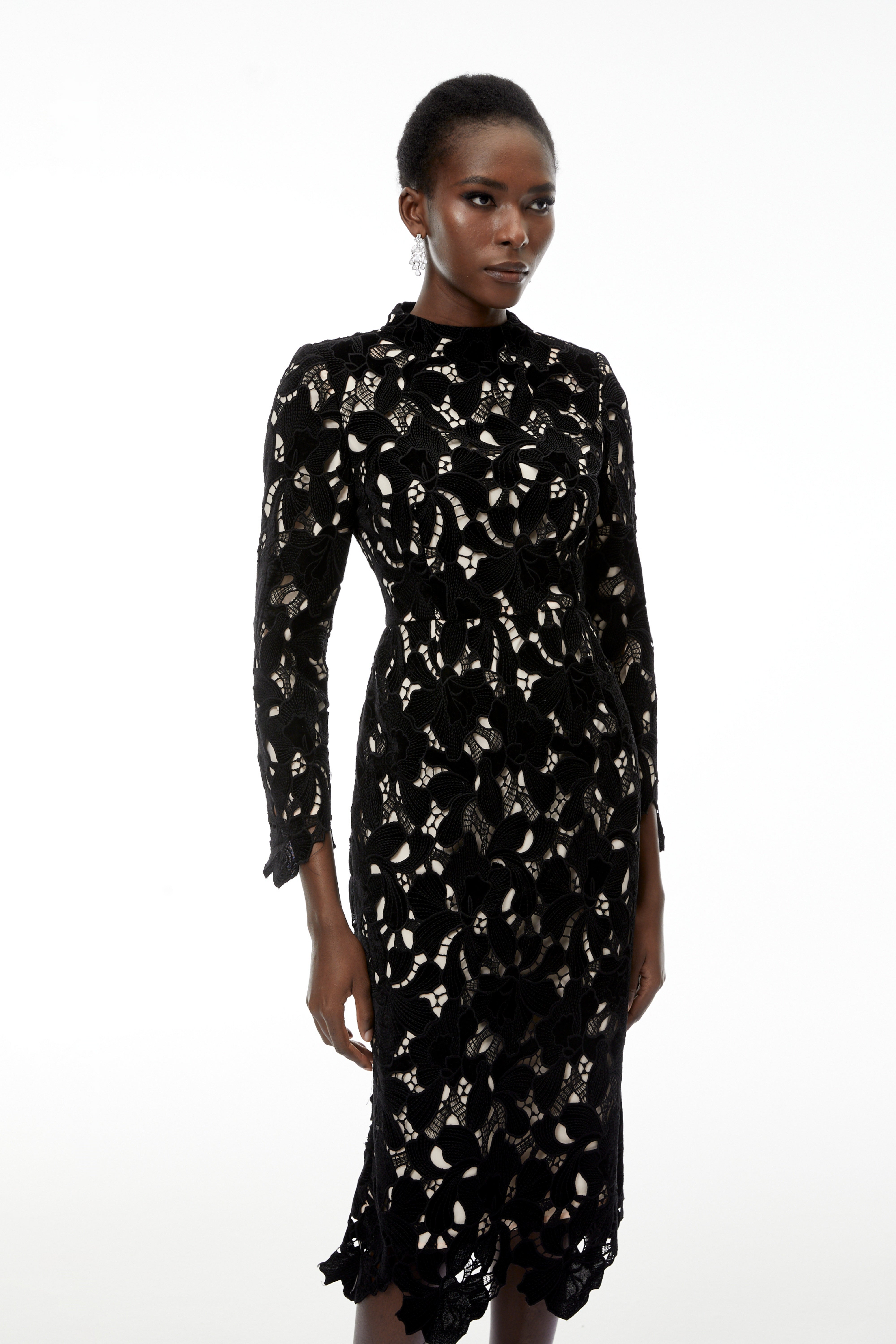 Hafdis Black Floral Embroidered Midi Dress