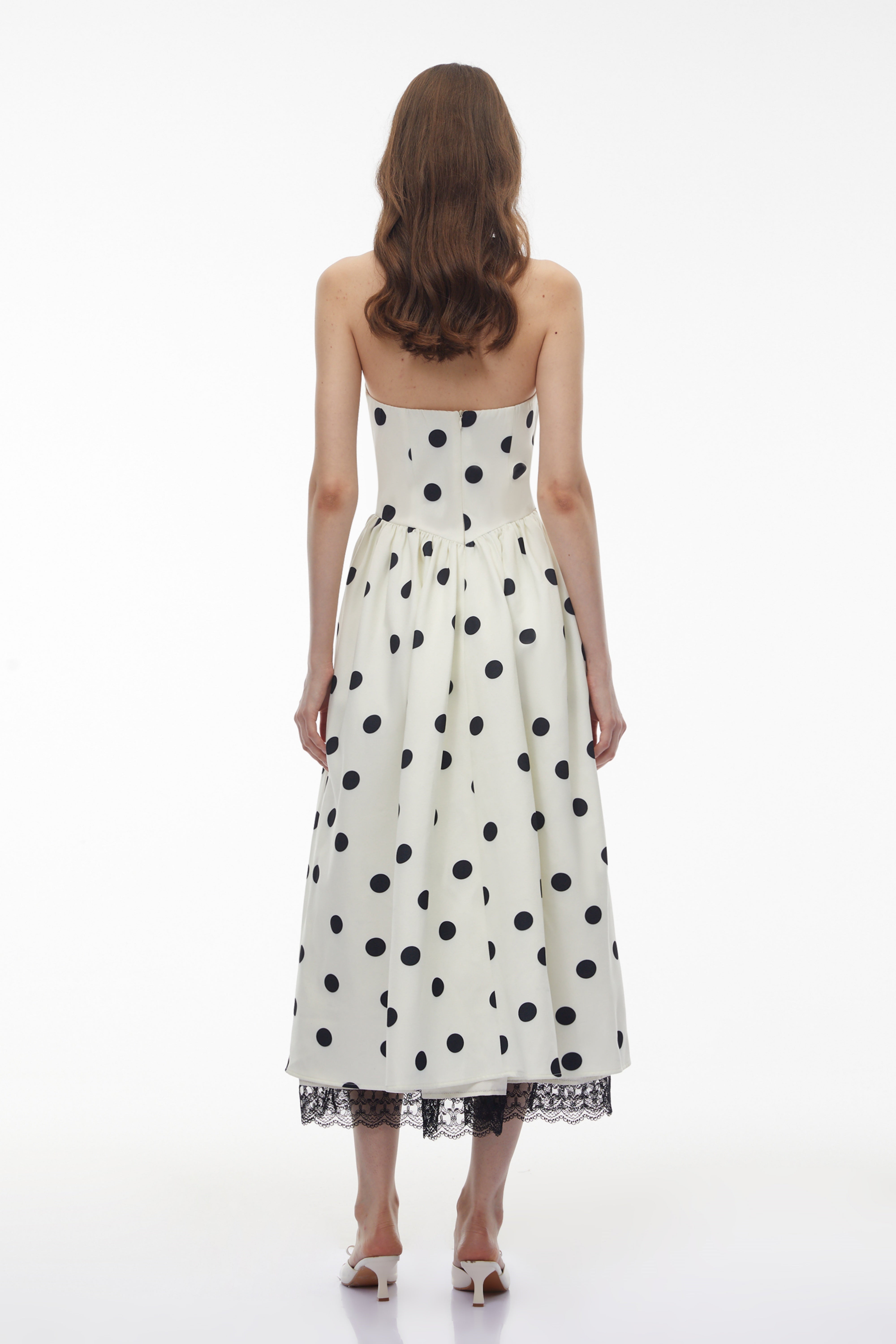 Odelia White Polka Dot Midi Dress with Lace Trim