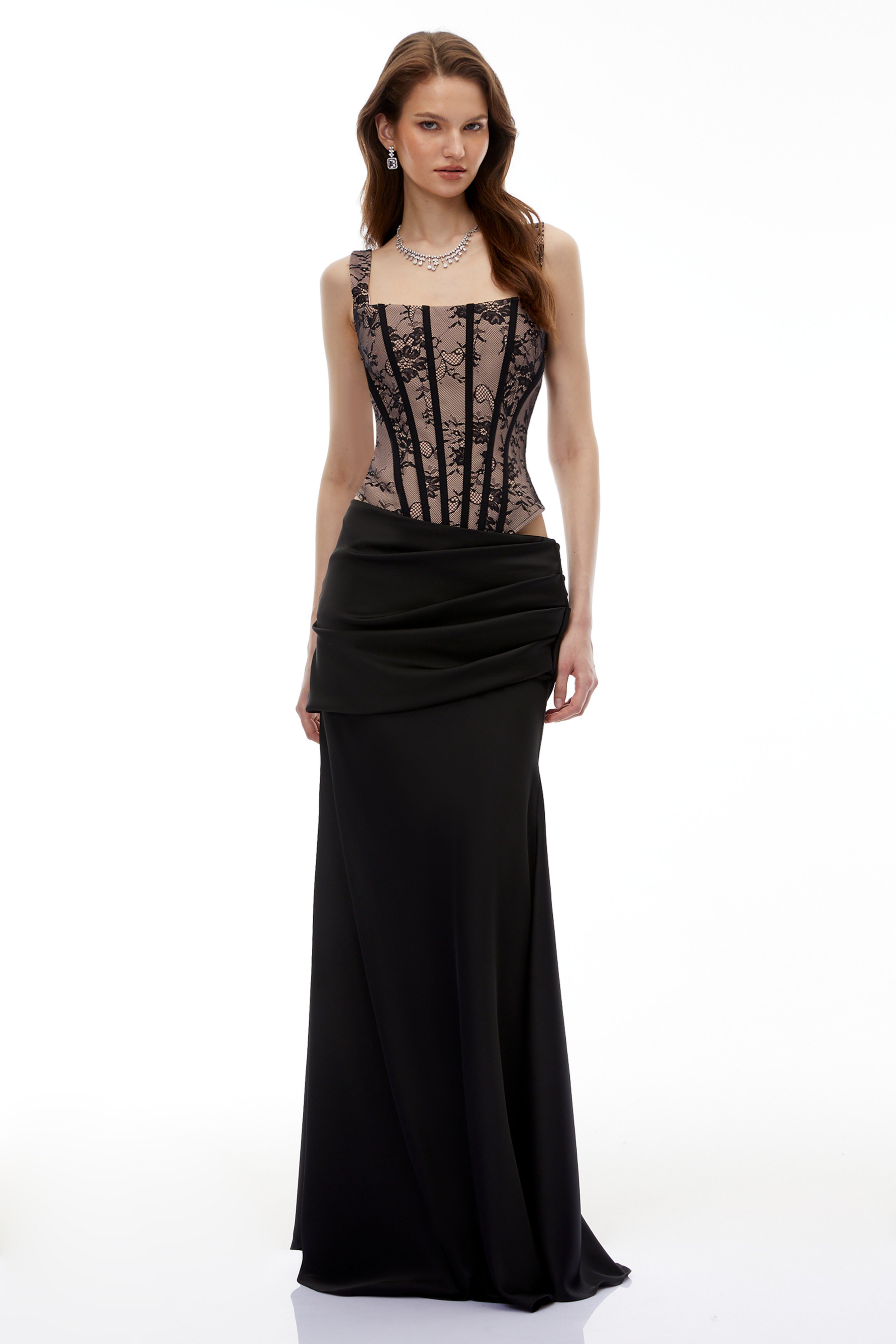 Olesya Black Lace Top & Ruched Skirt Set