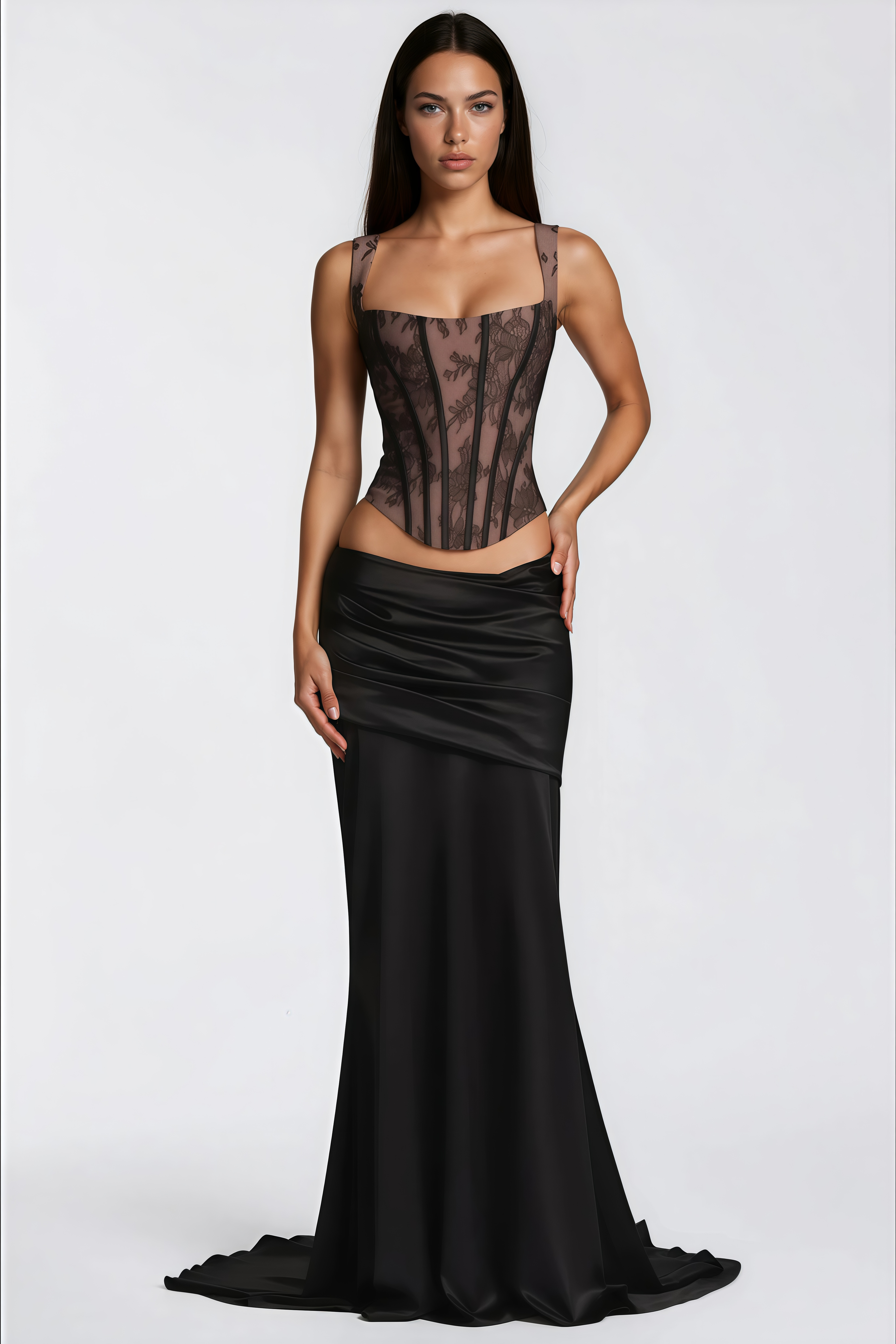 Olesya Black Lace Top & Ruched Skirt Set