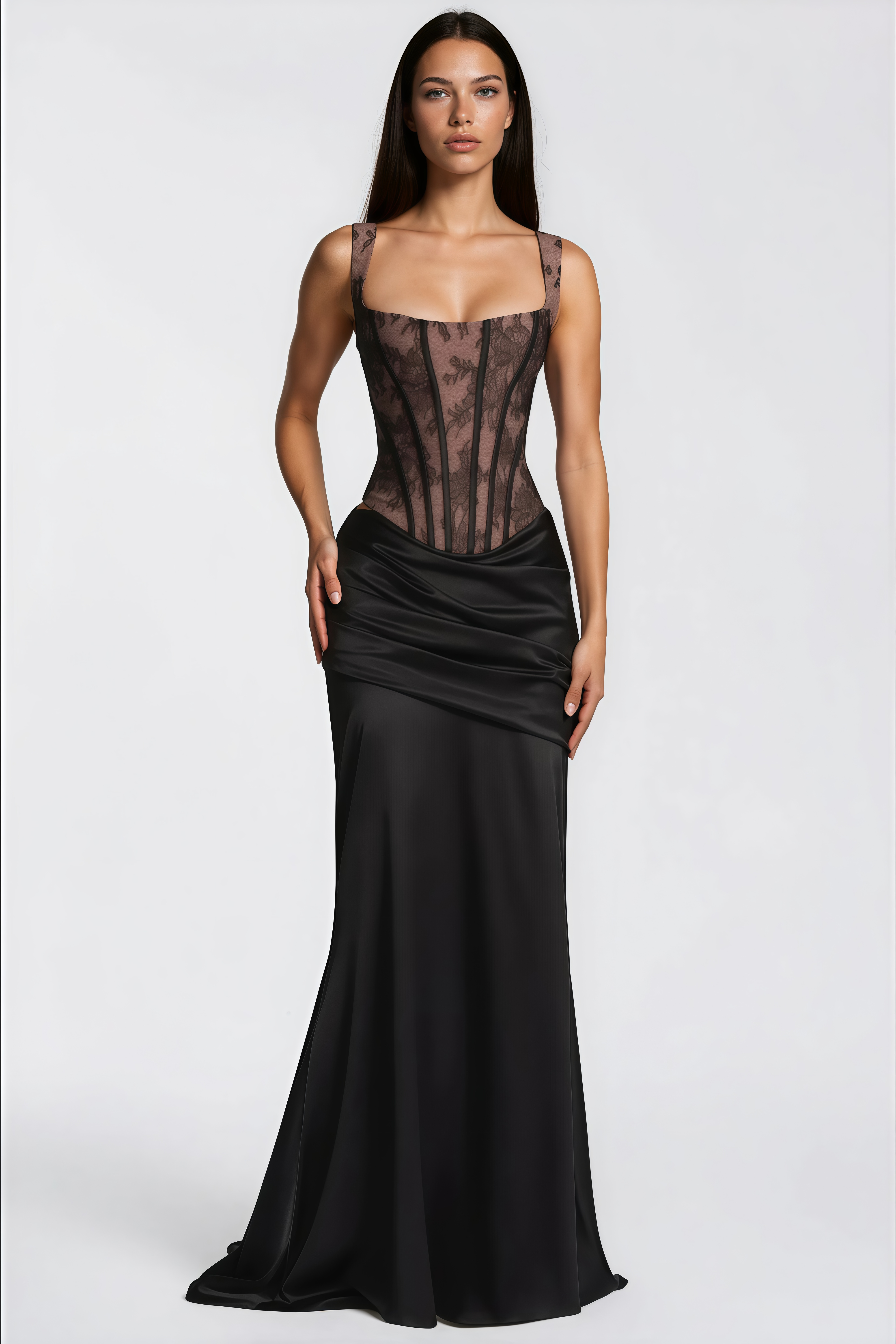 Olesya Black Lace Top & Ruched Skirt Set