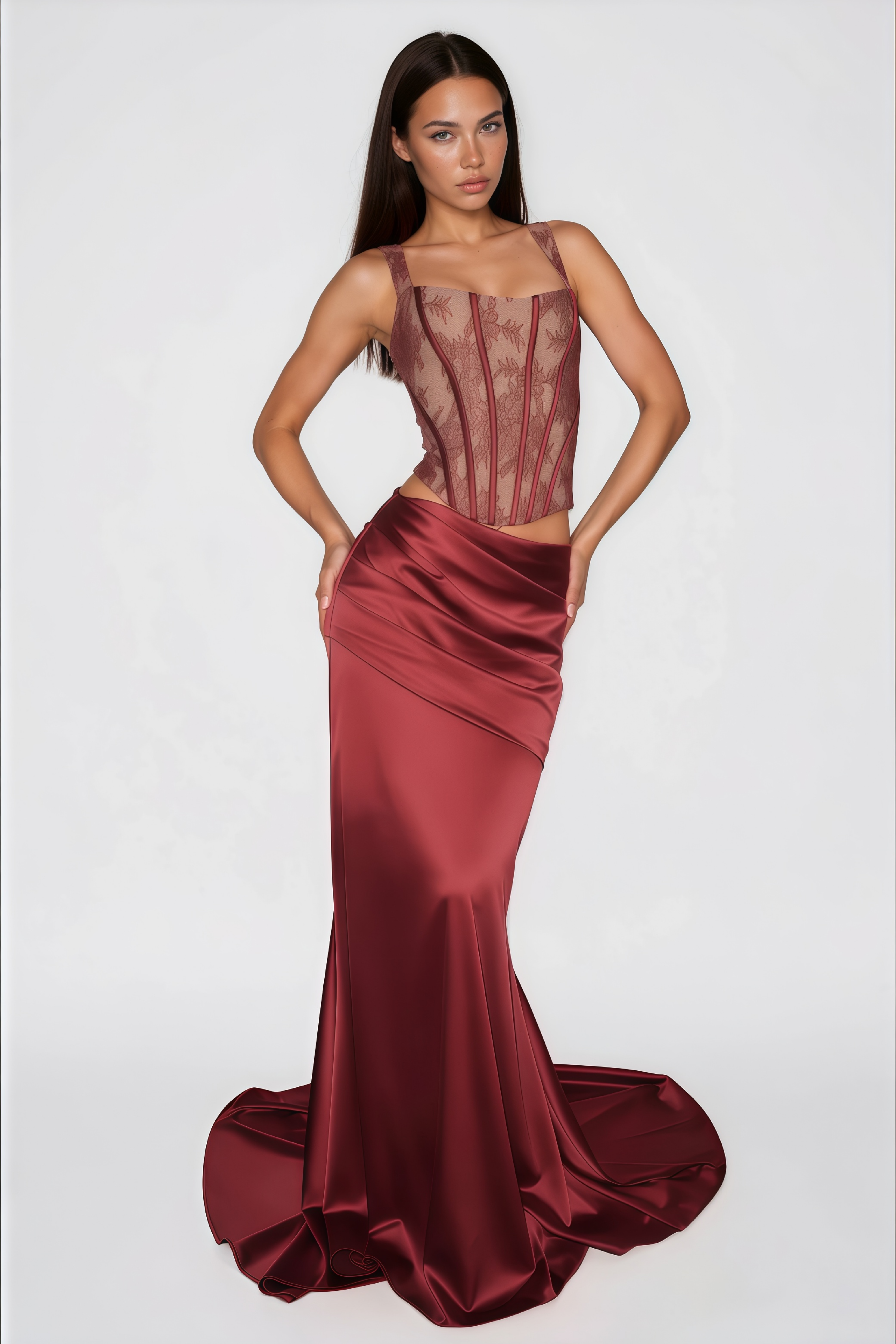 Olesya Red Lace Top & Ruched Skirt Set