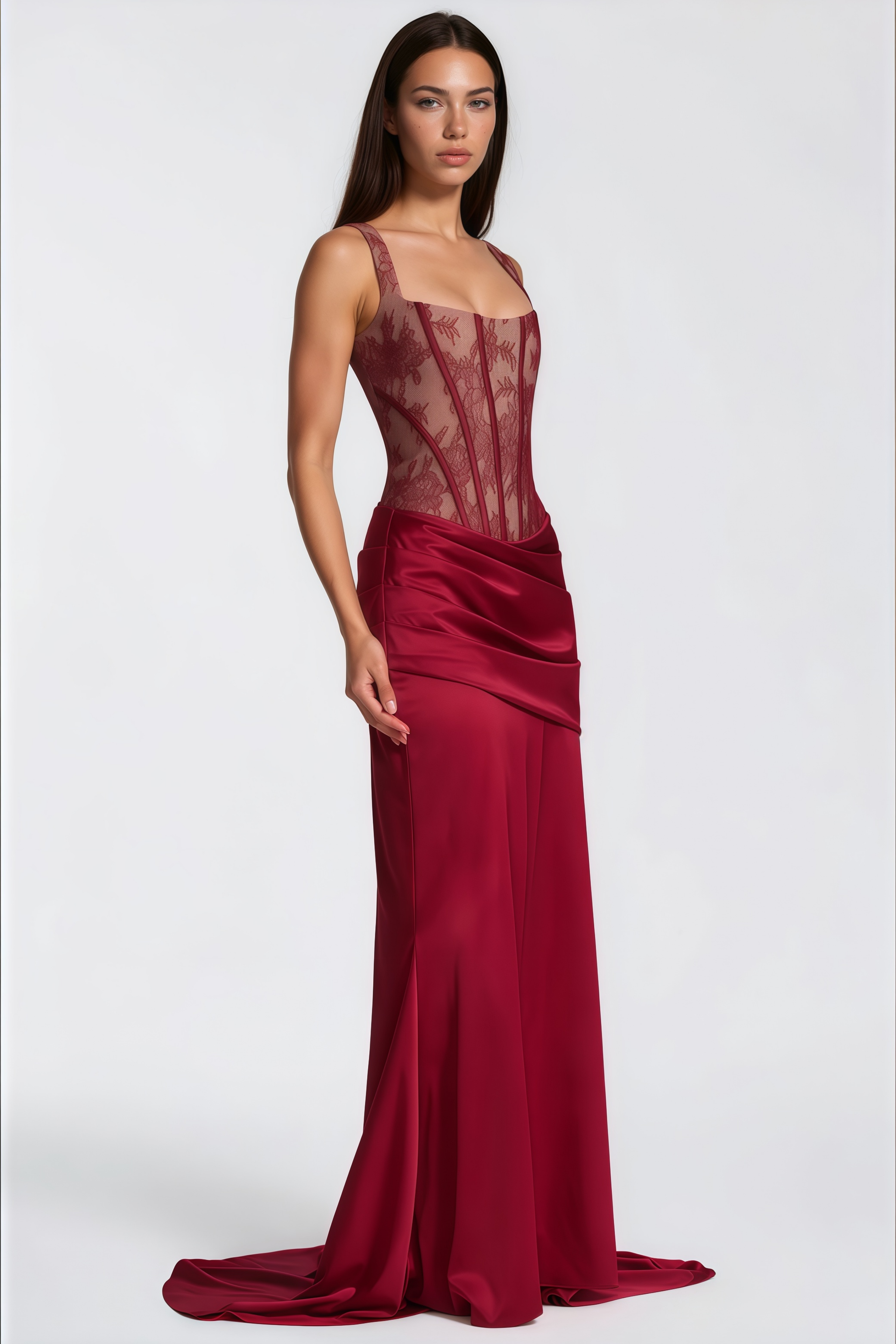Olesya Red Lace Top & Ruched Skirt Set
