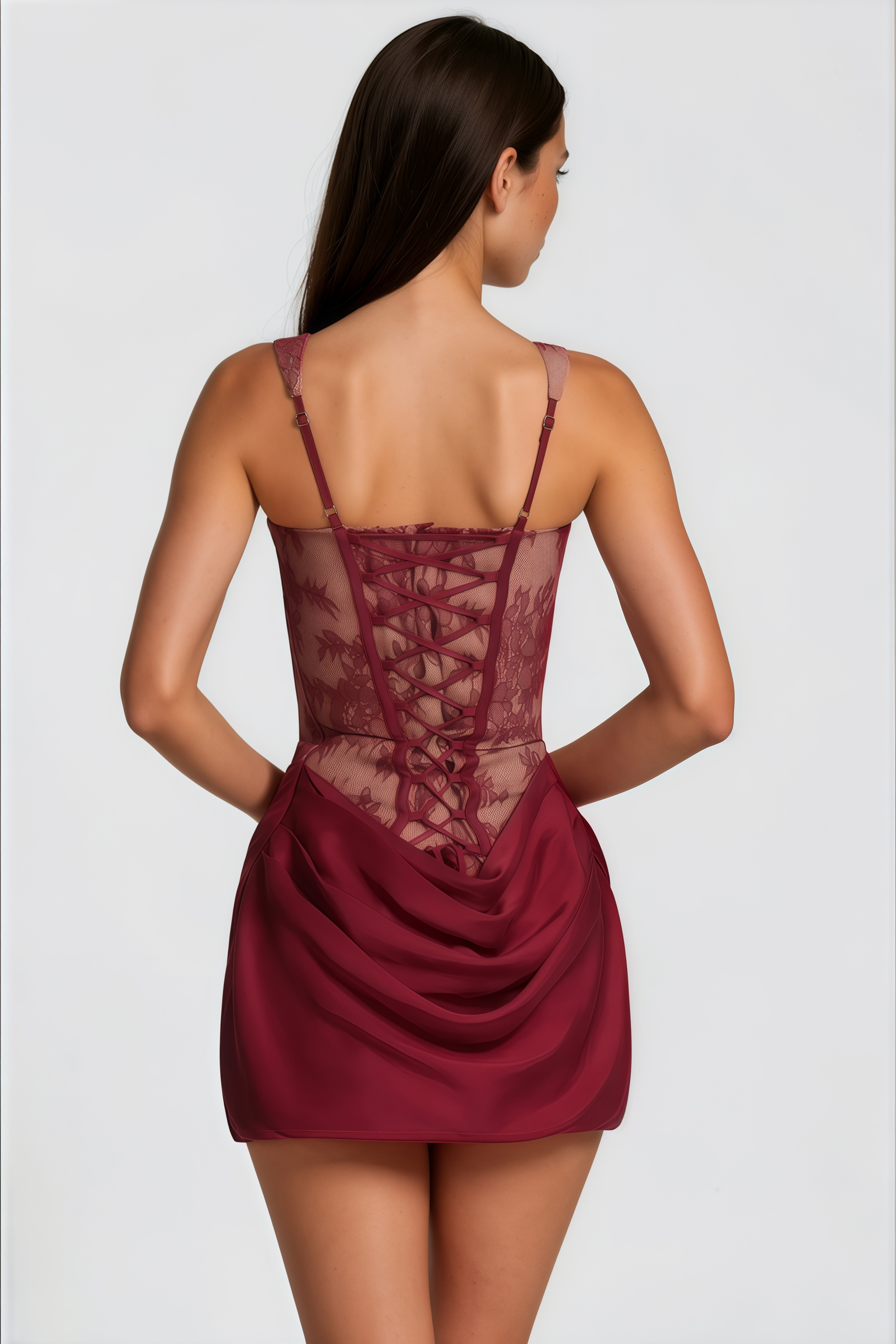 Olesya Red Ruched Mini Dress with Lace Panels