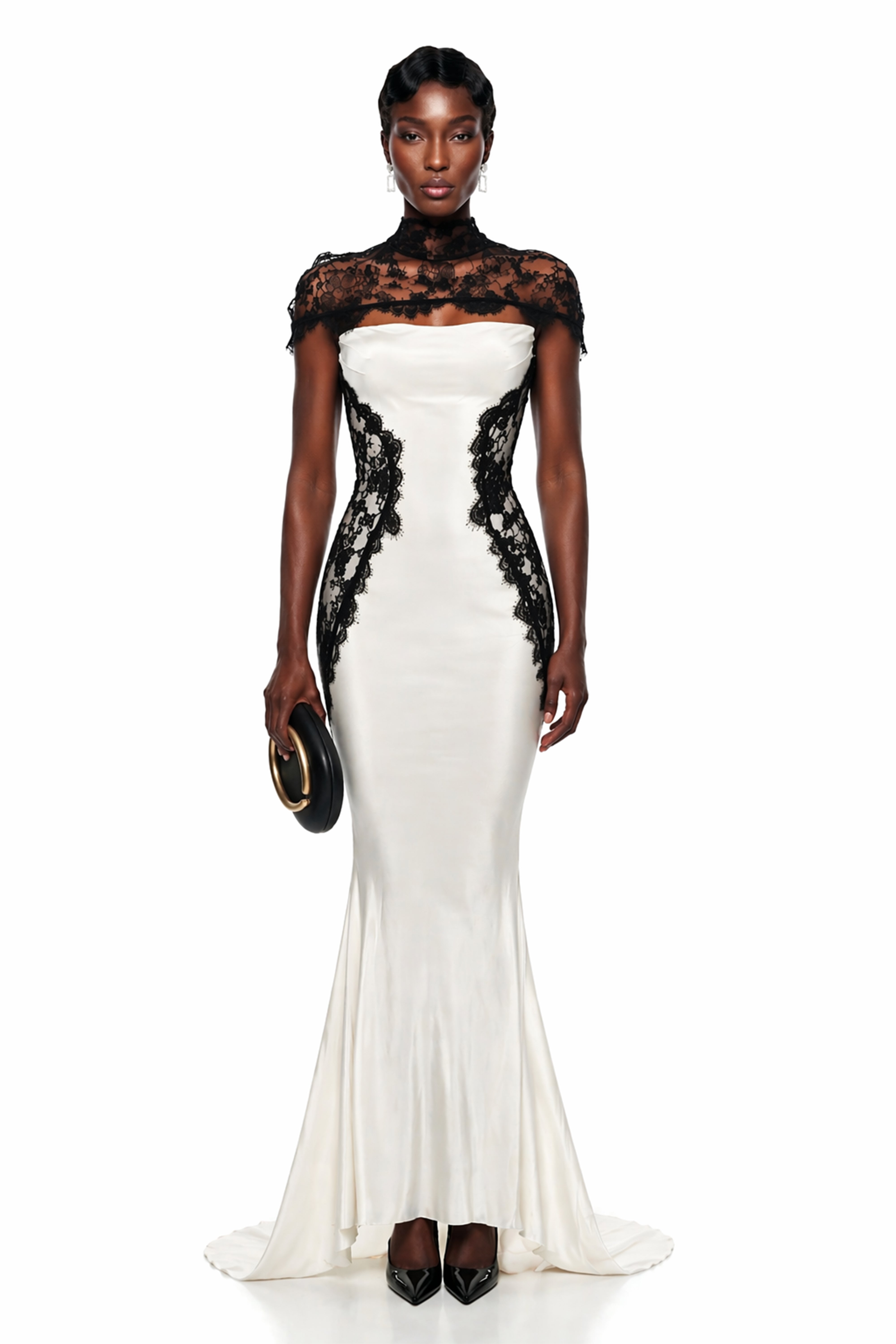 Olinda White Lace Panel Maxi Dress with Cape