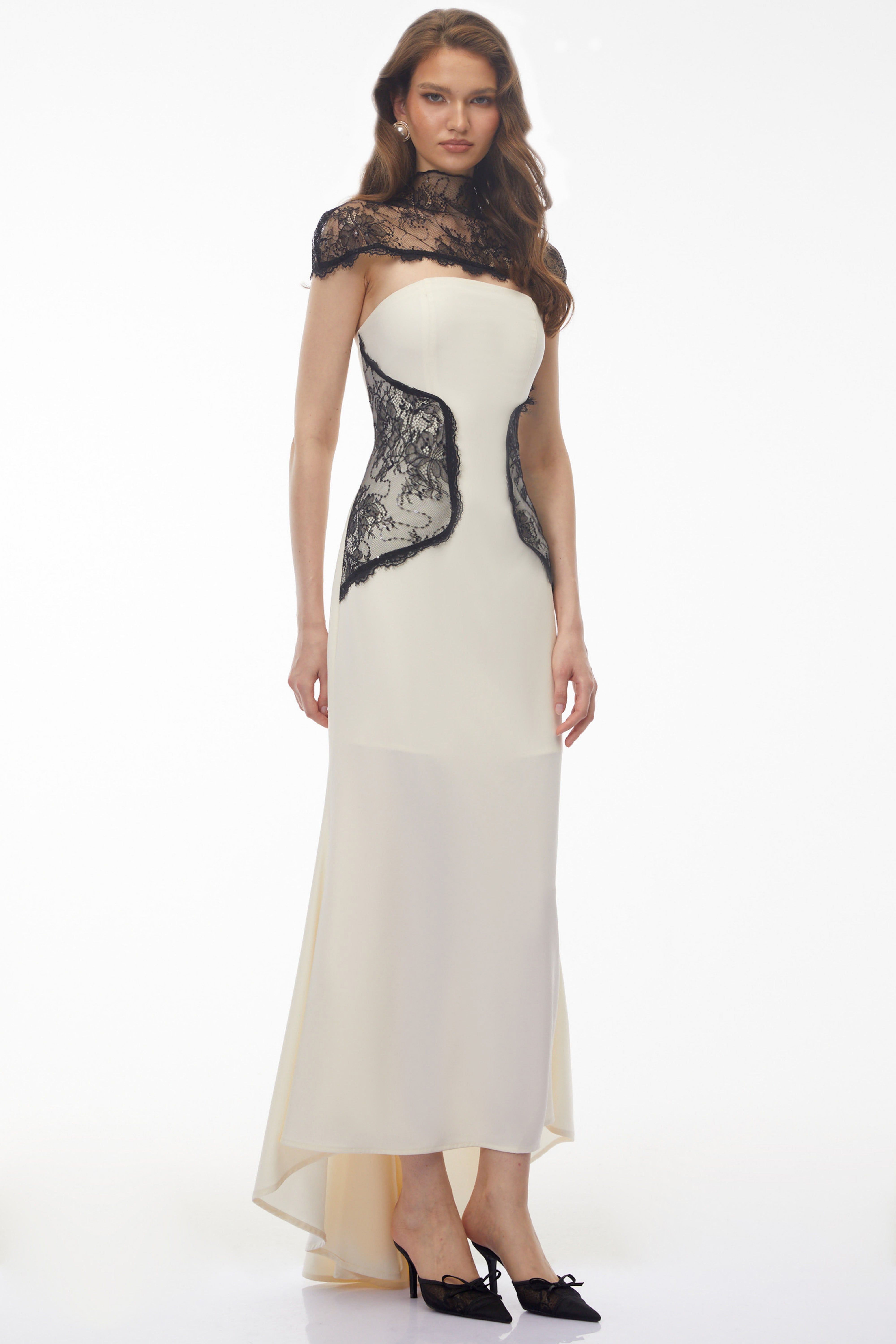 Olinda White Lace Panel Maxi Dress with Cape