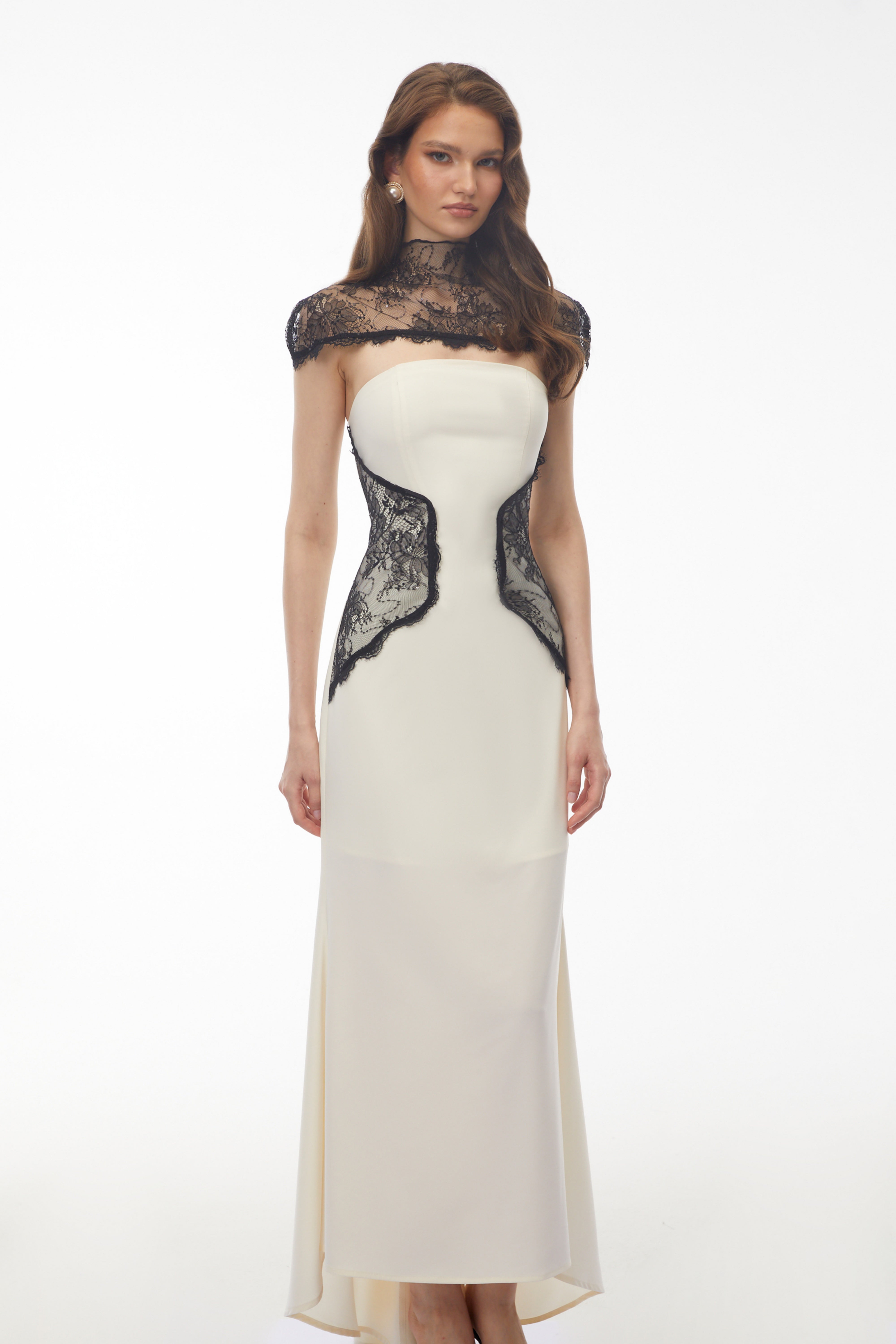 Olinda White Lace Panel Maxi Dress with Cape