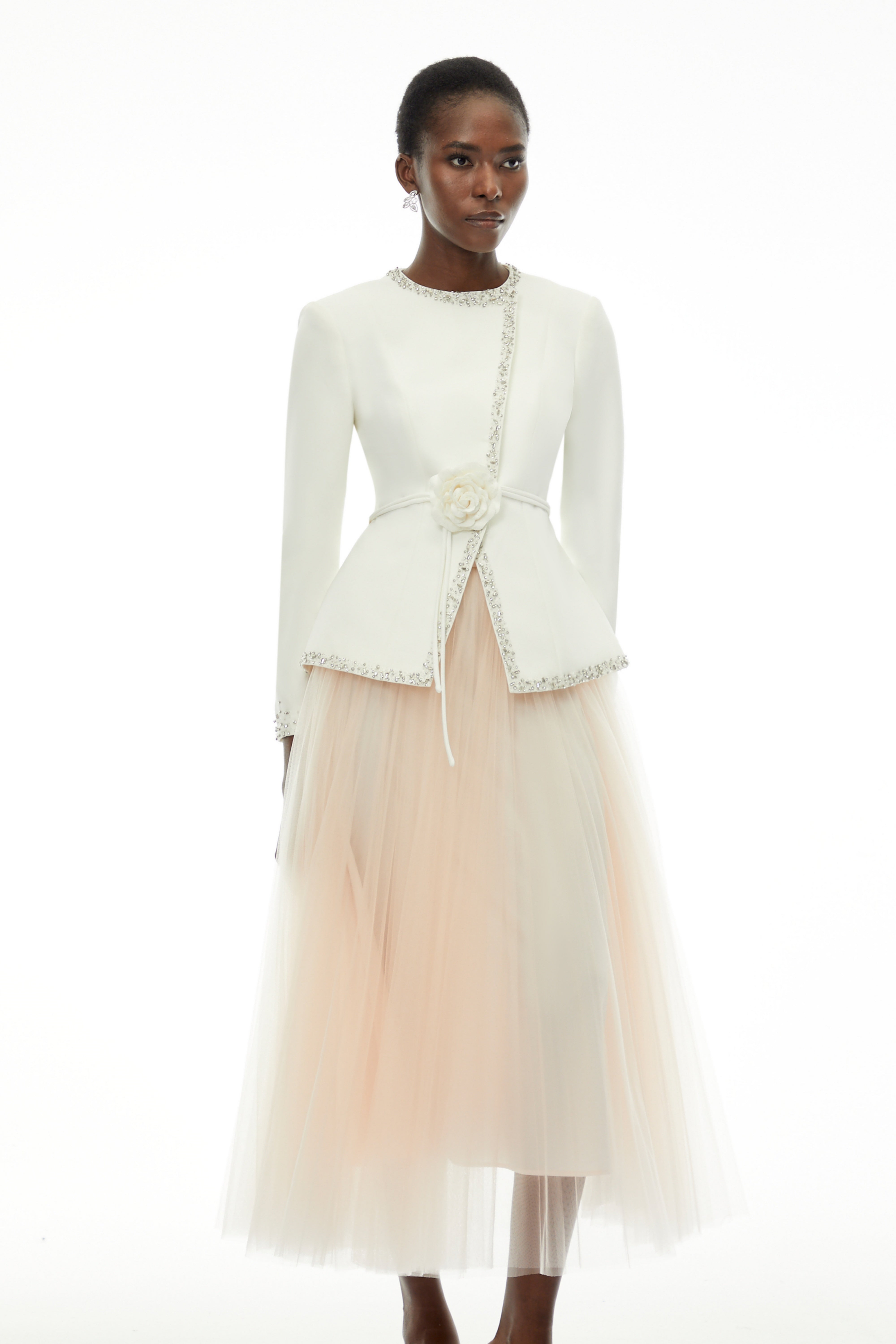 Olivia White Embellished Tulle Top & Pleated Skirt Set