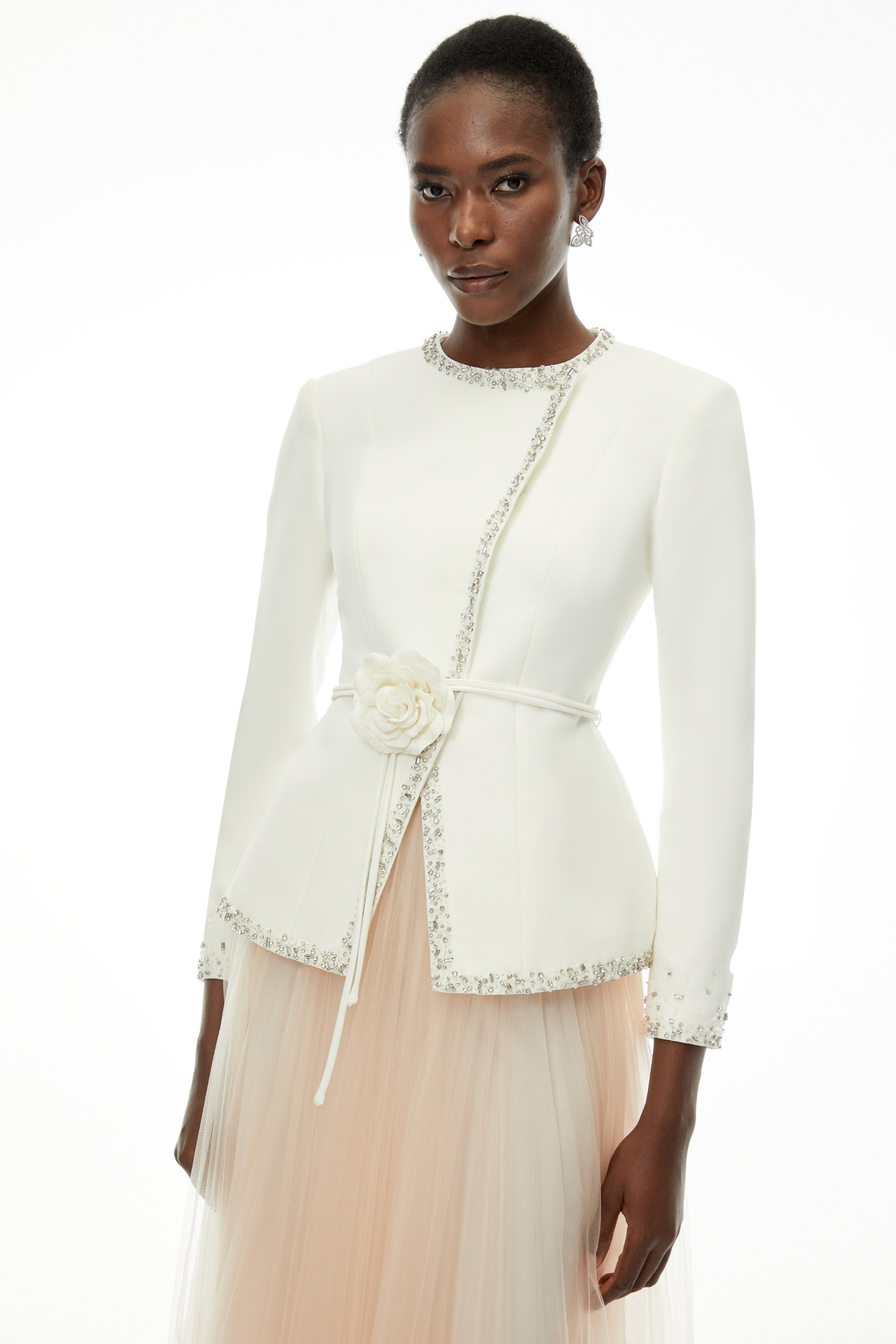 Olivia White Embellished Tulle Top & Pleated Skirt Set