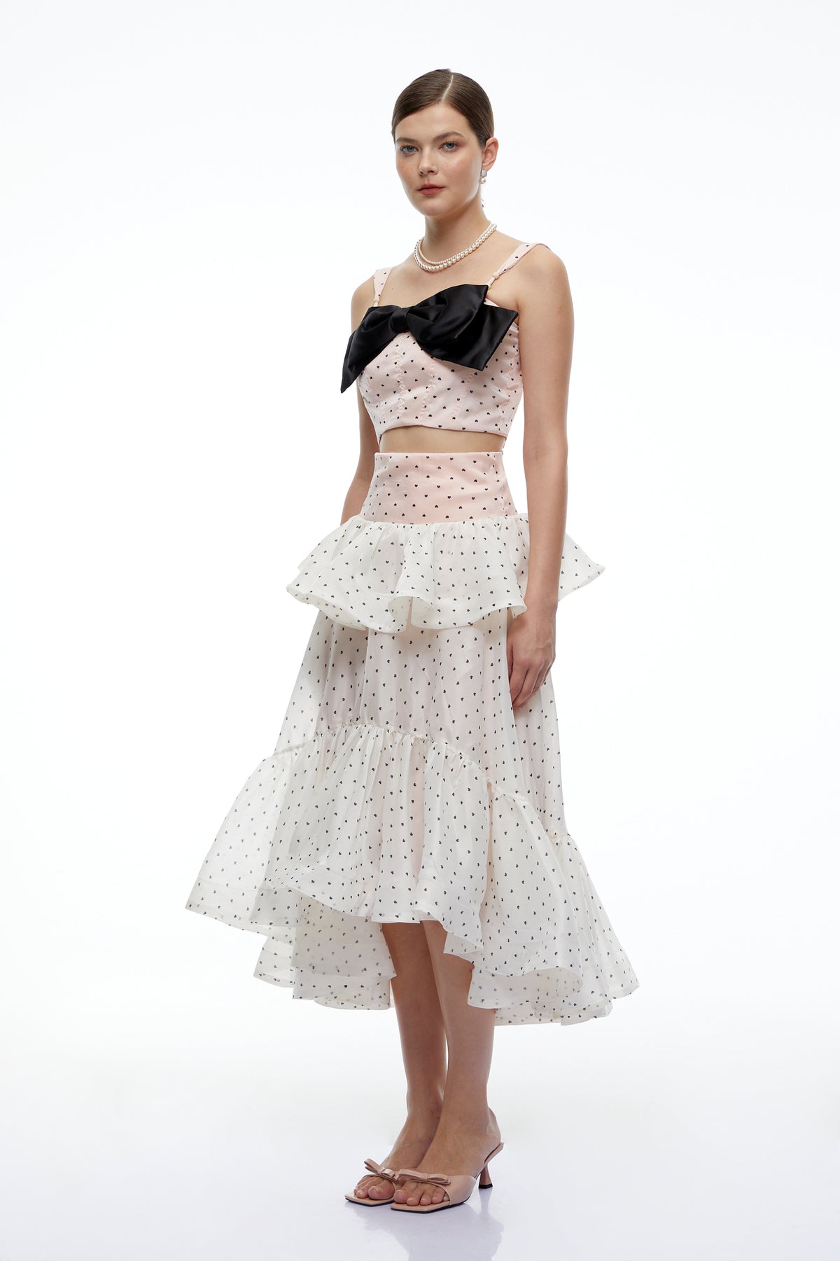 olympe pink bow polka dot crop top & skirt set
