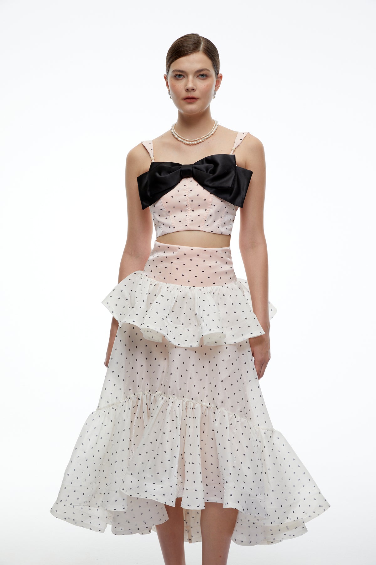 olympe pink bow polka dot crop top & skirt set
