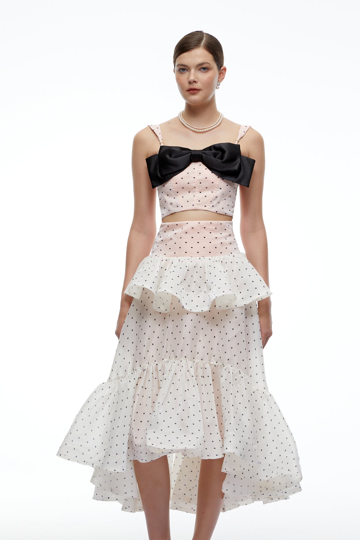 olympe pink bow polka dot crop top & skirt set