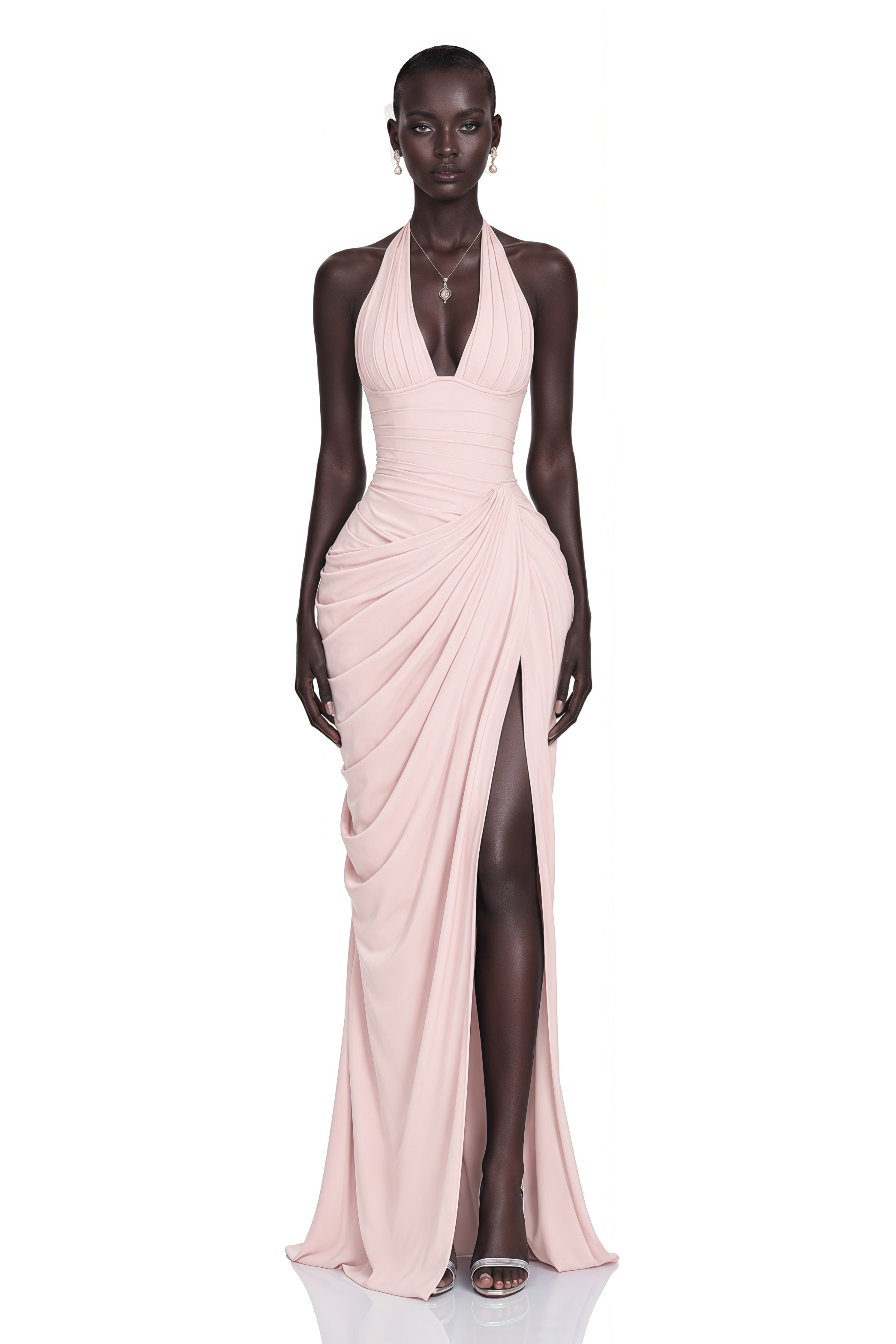 Ombeline Pink Halterneck Ruched Maxi Dress with Slit