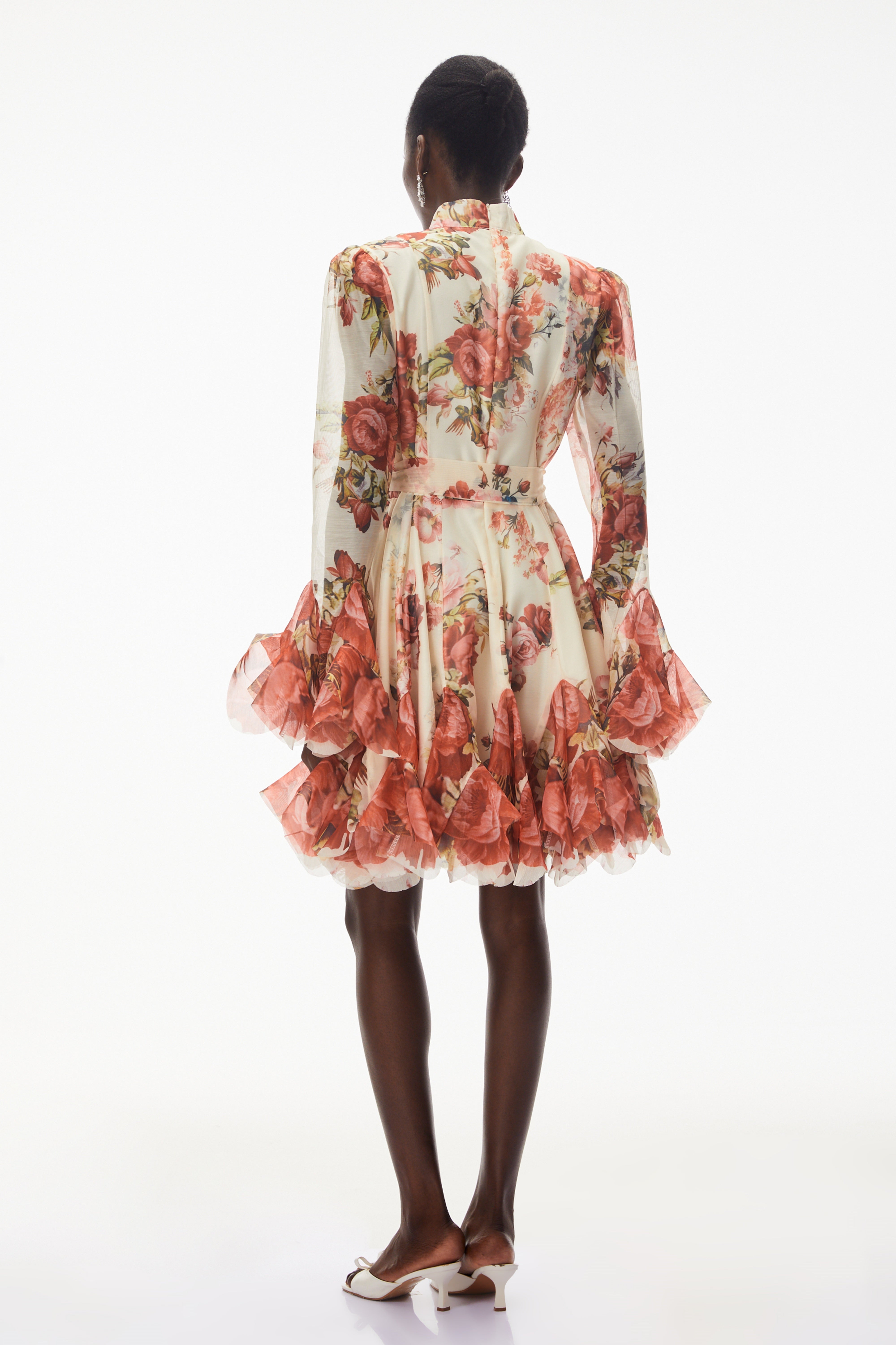 Omphale Cream Floral Lace Mini Dress with Tie-Front