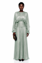 Ophelia Green Pleated Glossy Maxi Dress