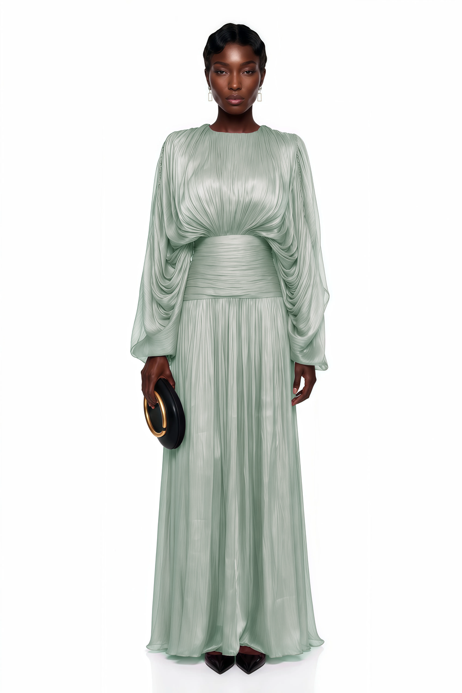ophelia green pleated glossy maxi dress