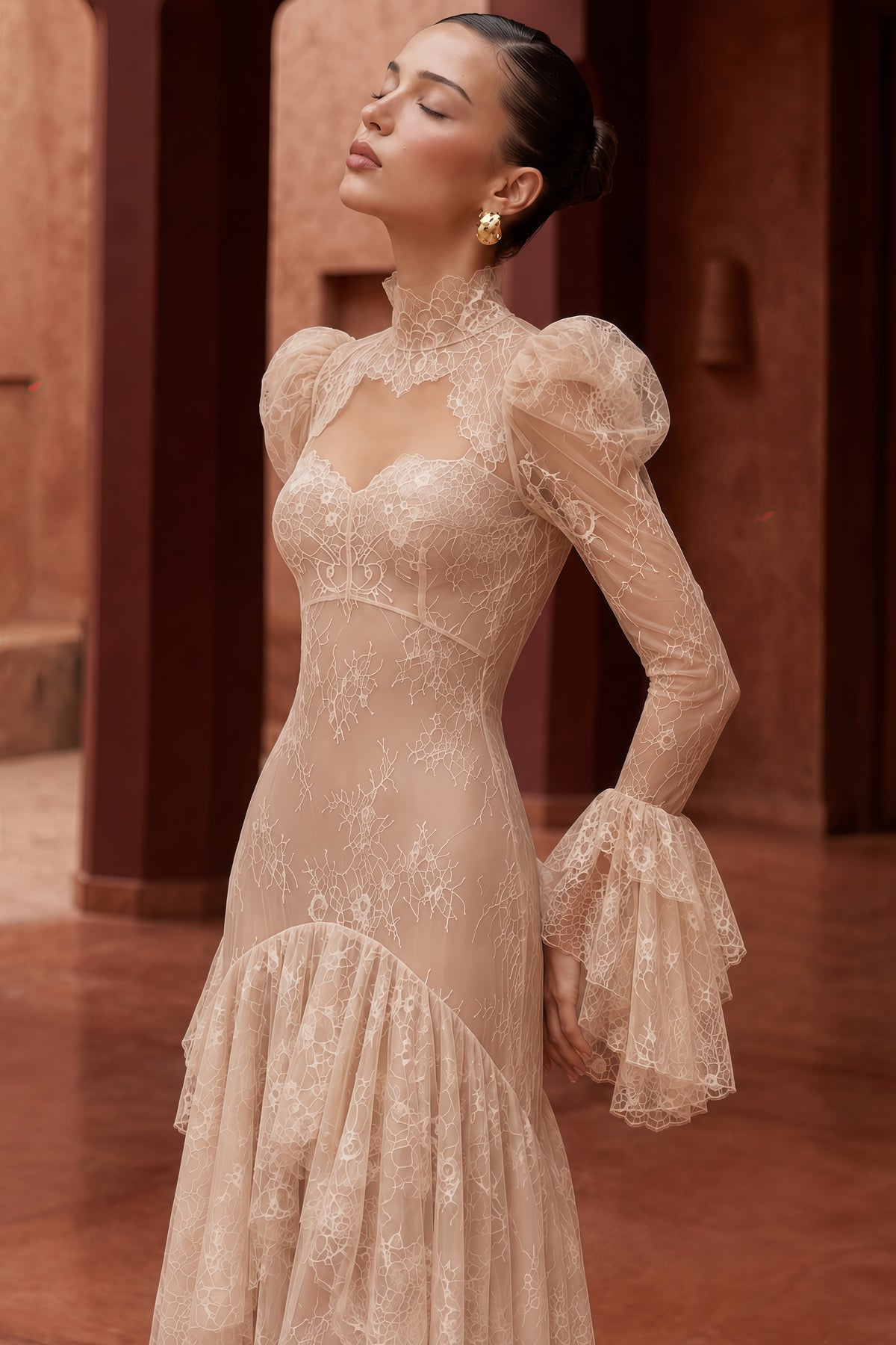 ophelia neutral mock neck lace maxi dress