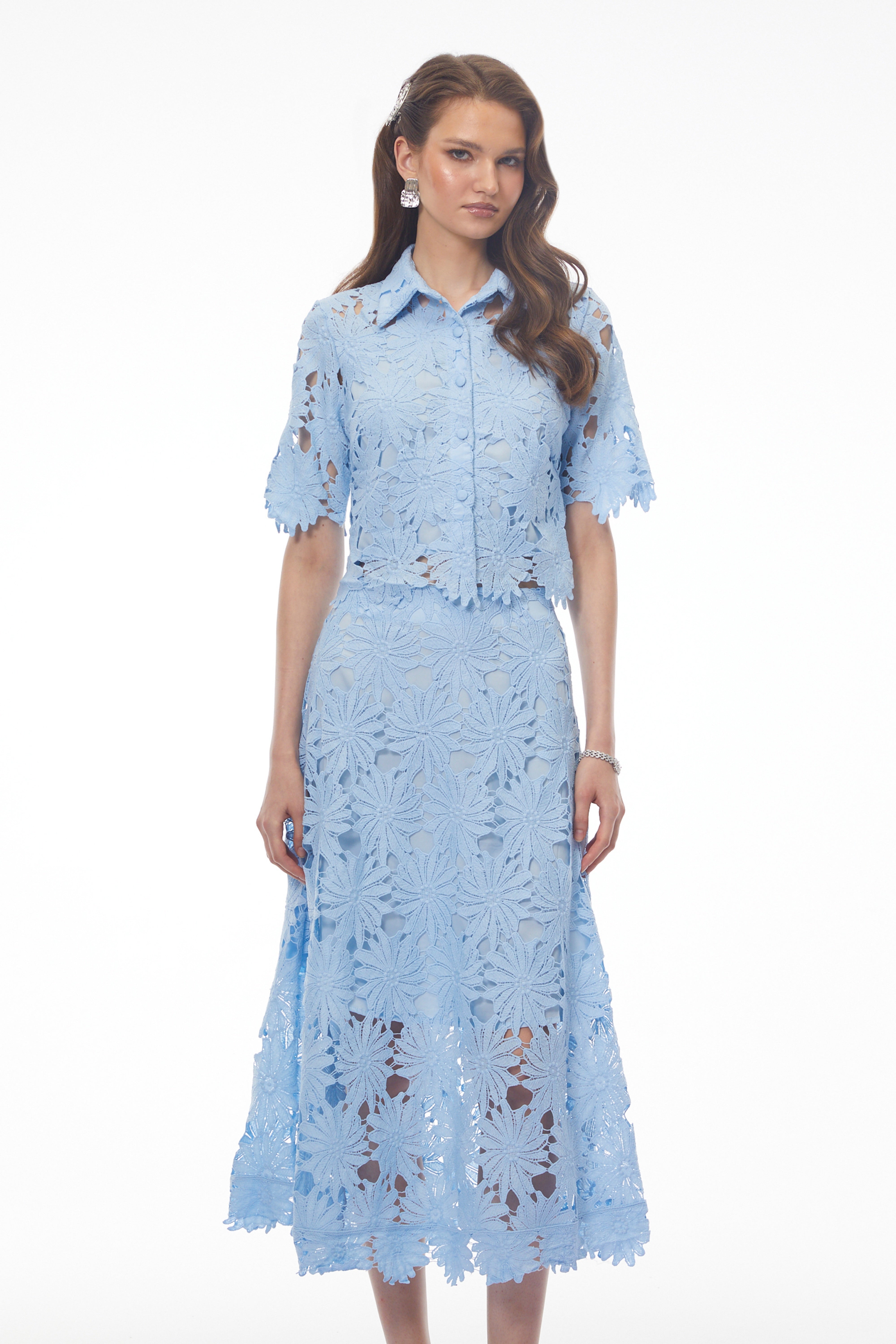 Ophelia Baby Blue Lace Blouse & Skirt Set with Lapels