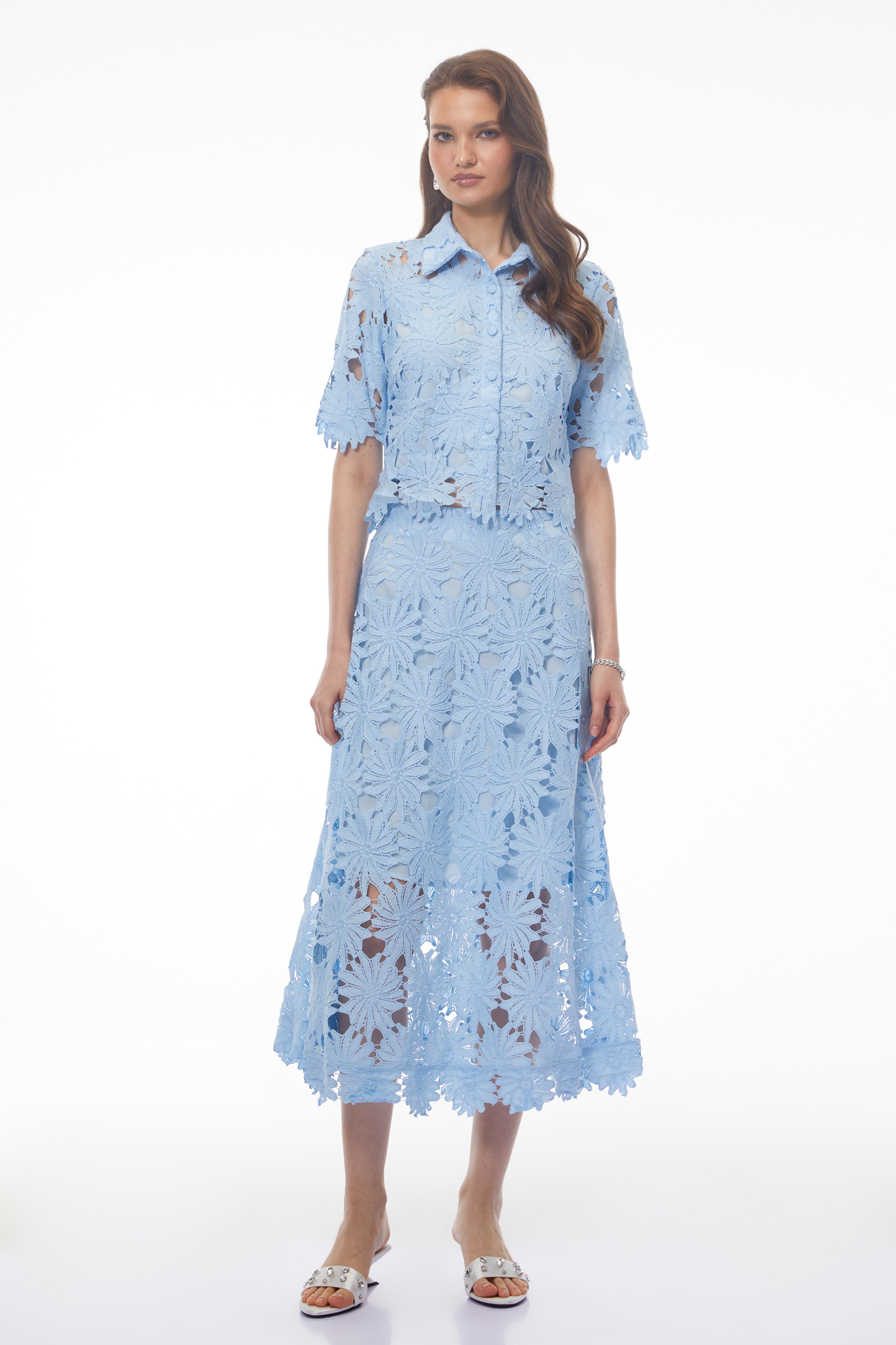 Ophelia Baby Blue Lace Blouse & Skirt Set with Lapels