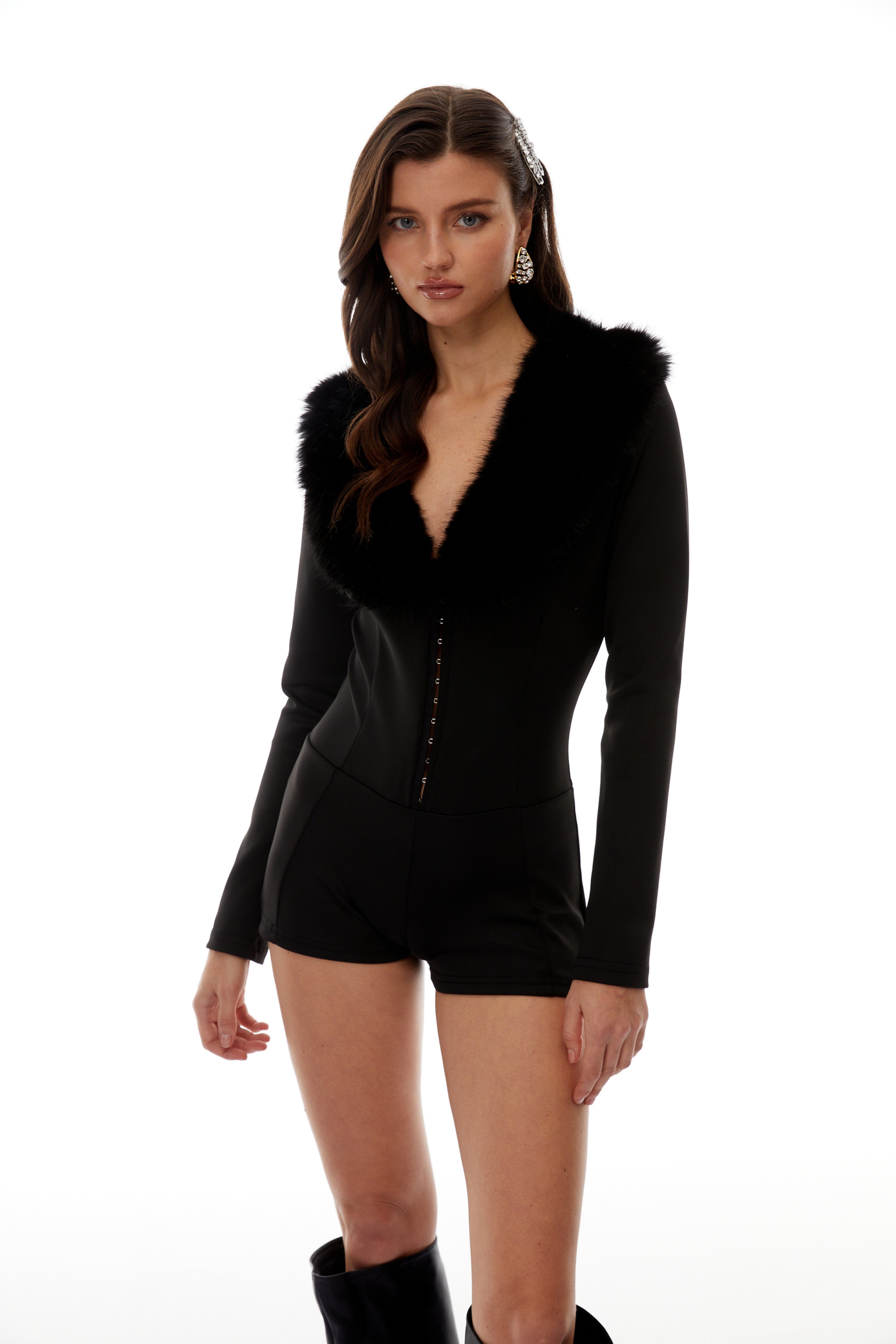 Ophelia Black Fur Trim Playsuit