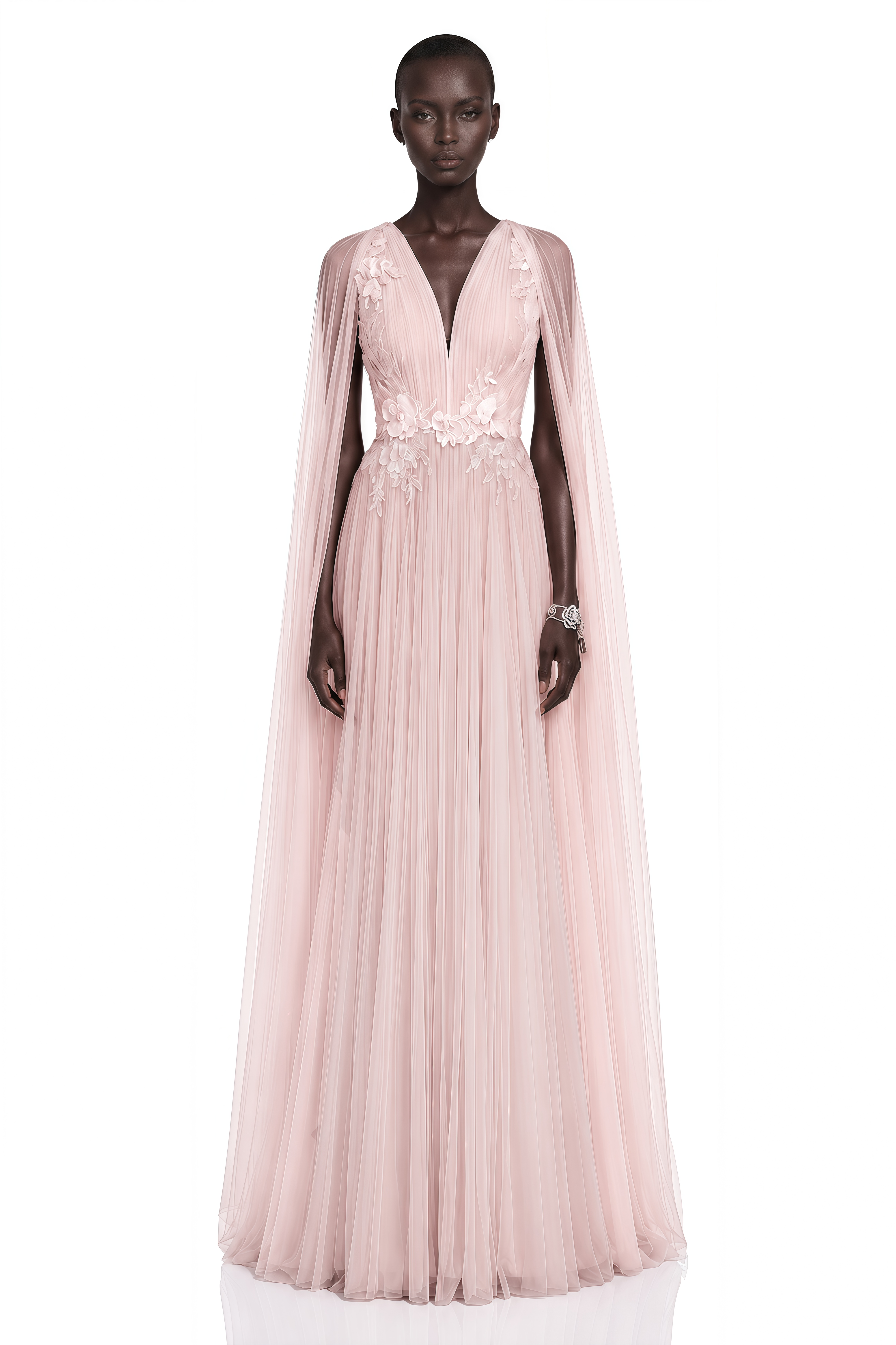 Ophelia Pink Mesh Ruched Maxi Dress with Cape