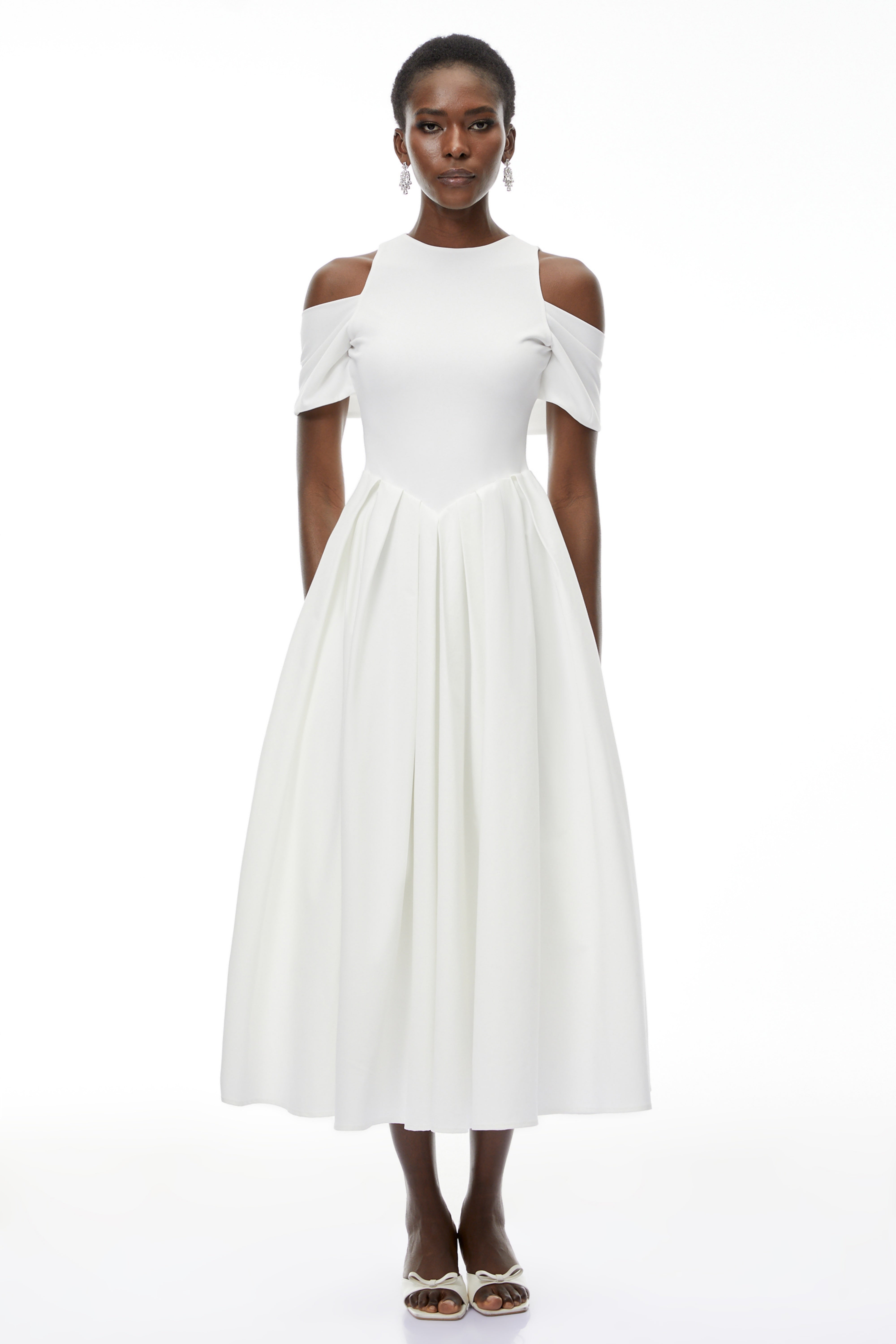 Ophelia White Pleated Midi Dress with Self-tie