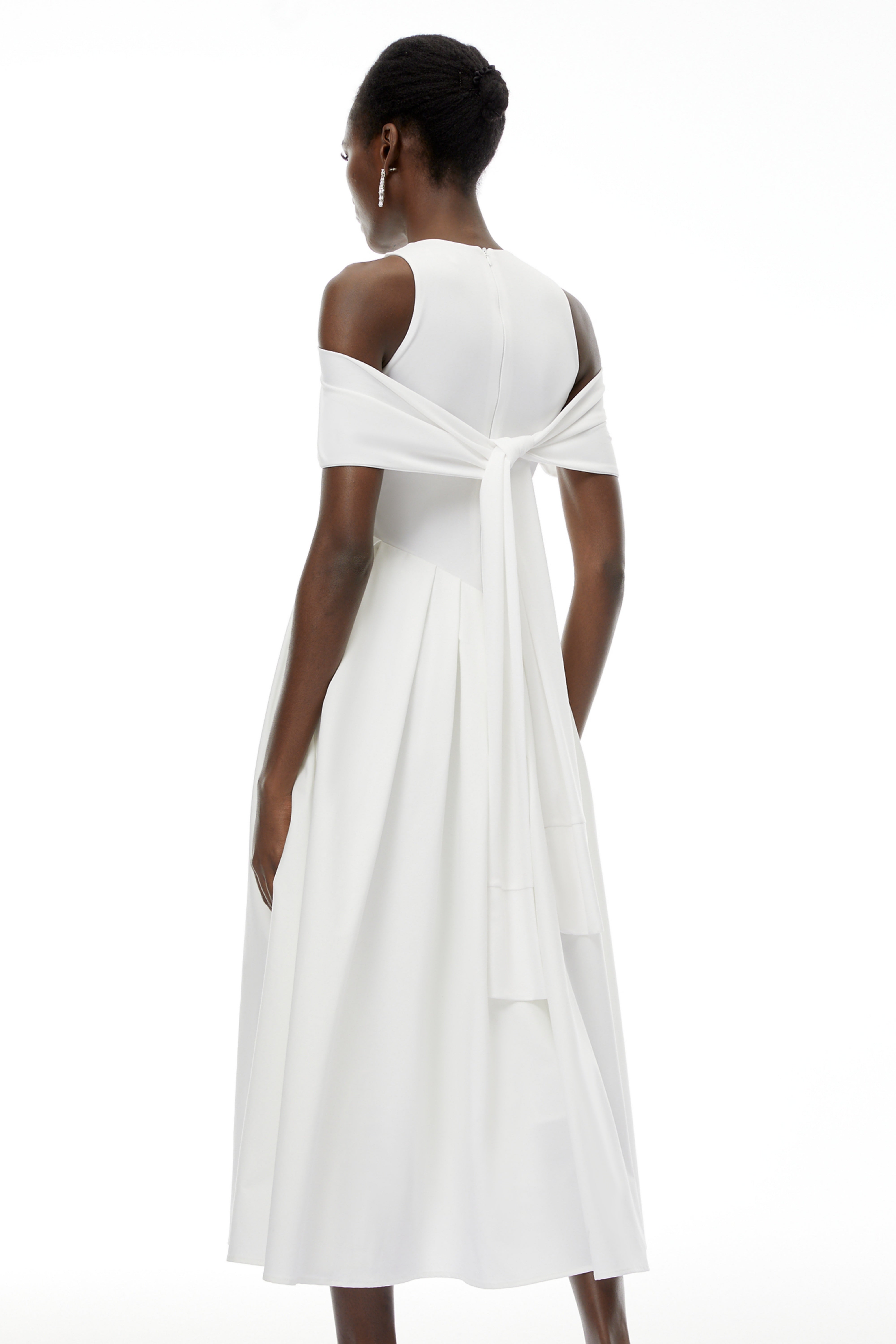 Ophelia White Pleated Midi Dress with Self-tie