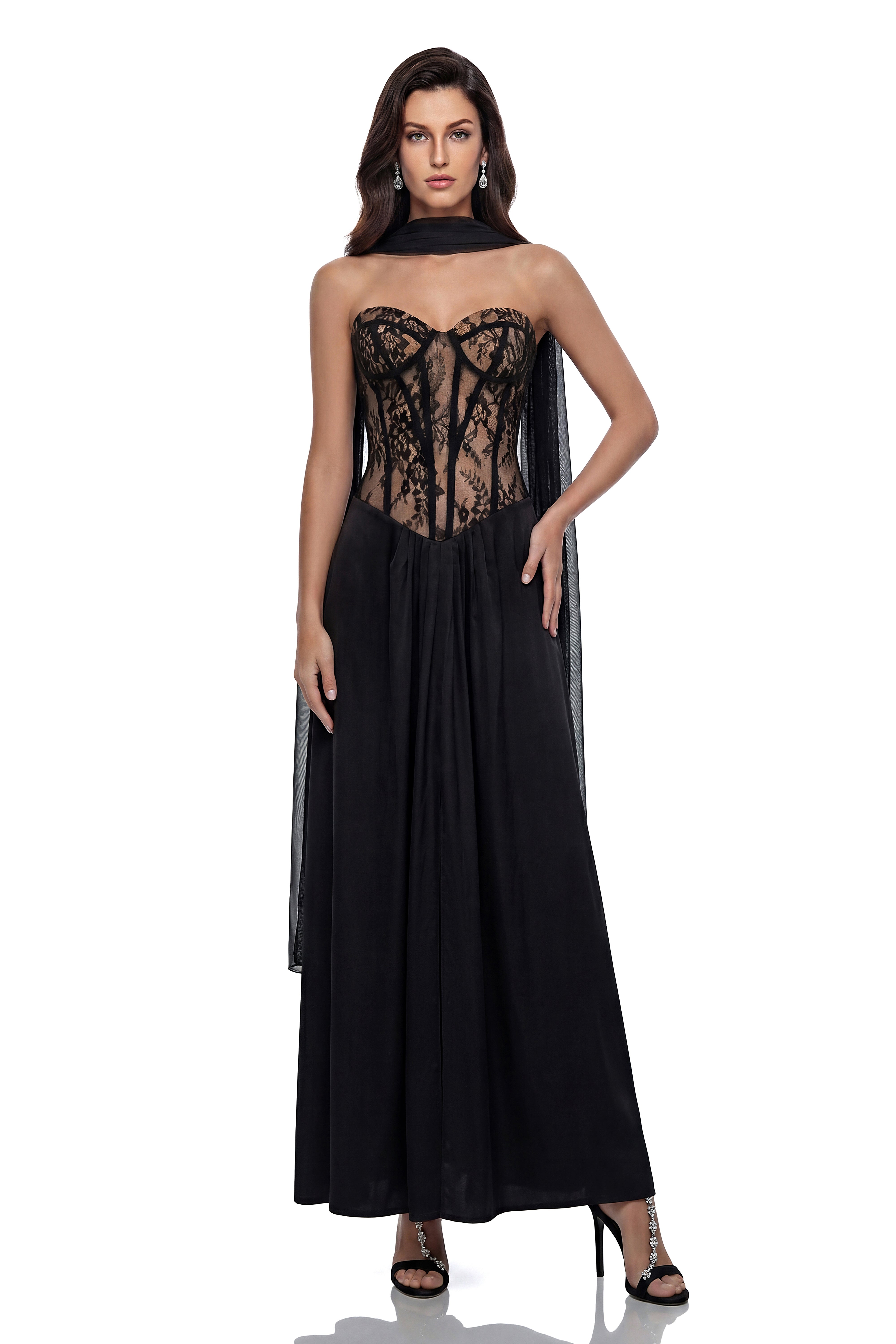 Oria Black Semi-Sheer Lace Panel Maxi Dress