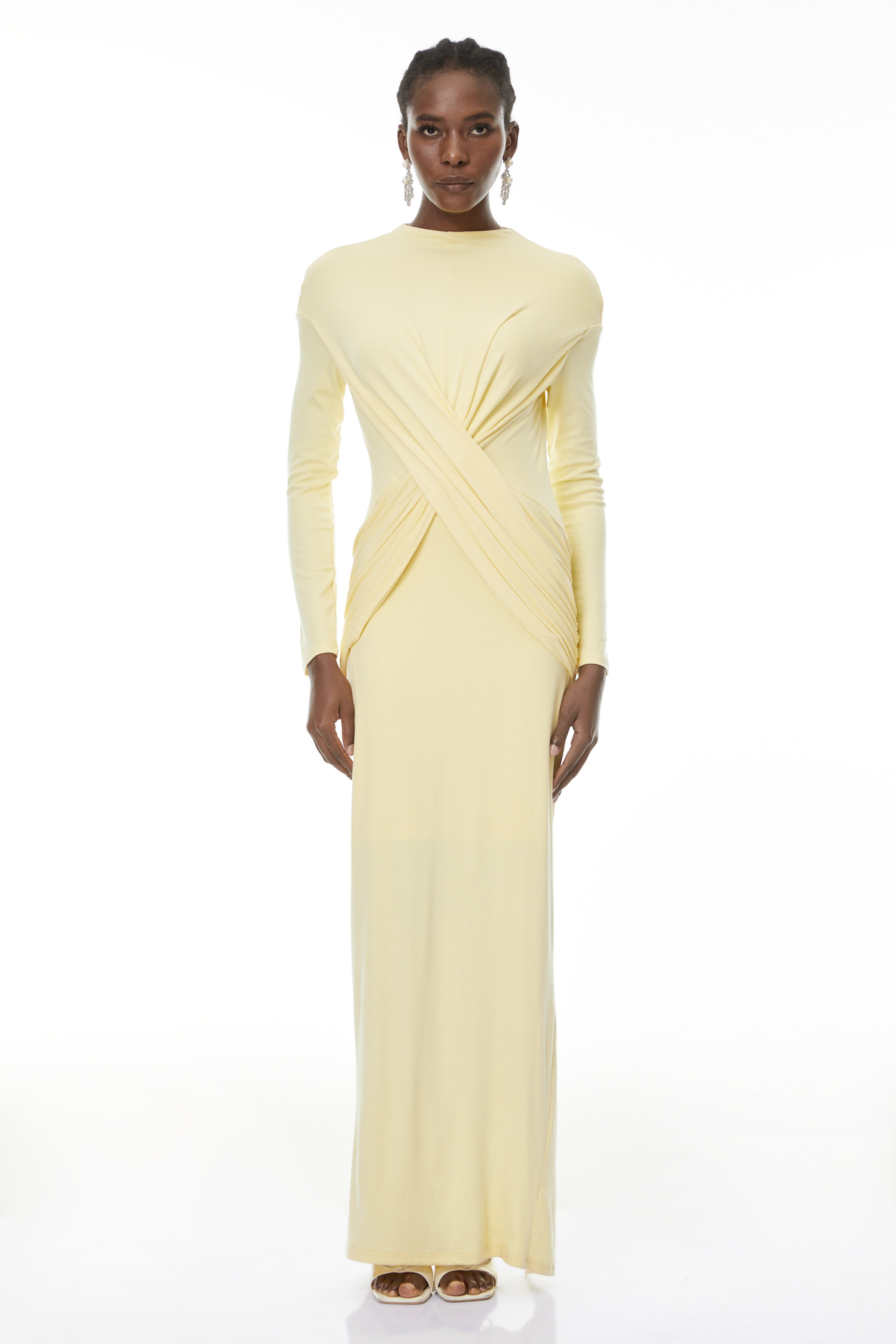 Oriane Yellow Cross Front Ruched Maxi Dress